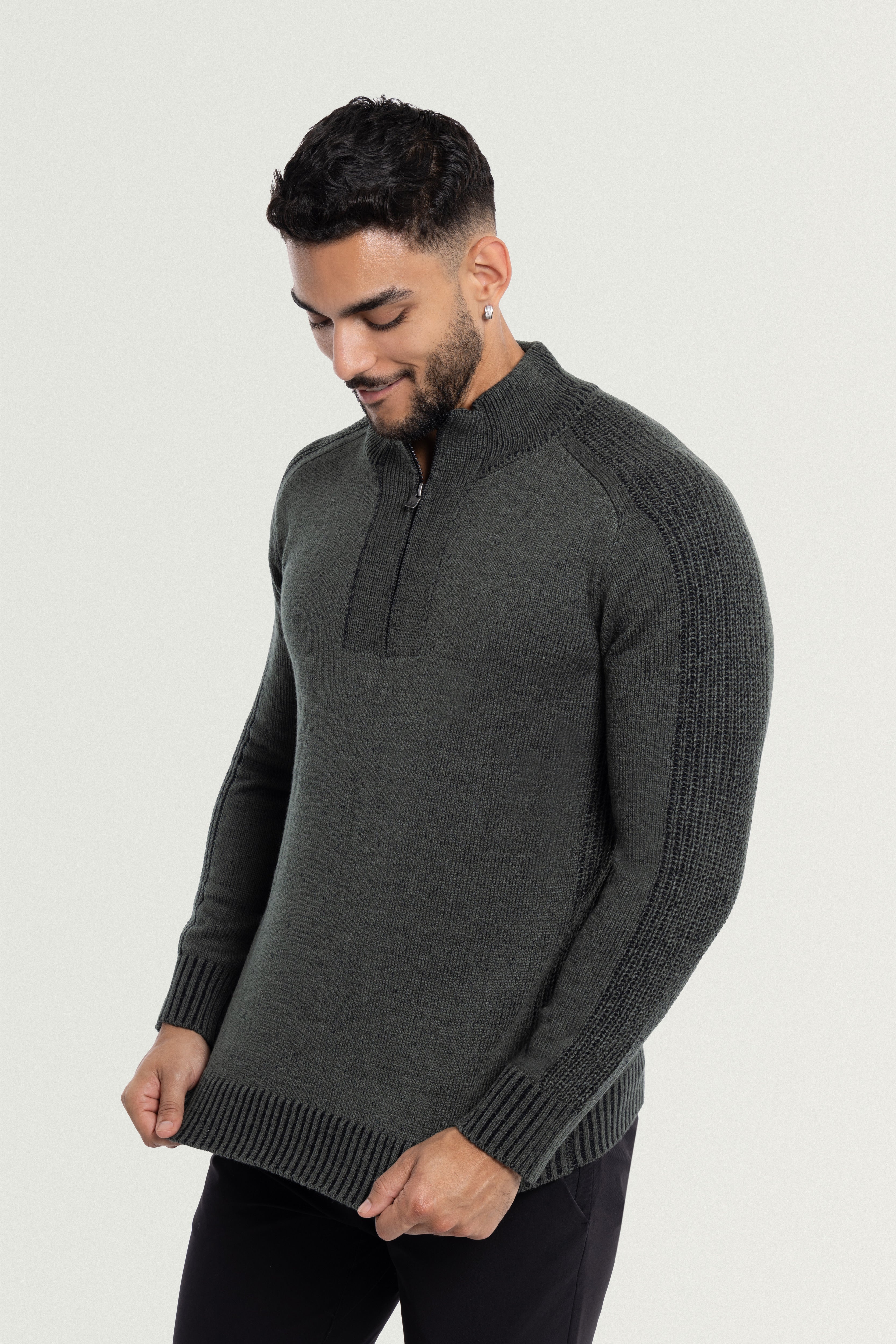 half zipper pullover men  herringbone sweater men  hunter green mens sweater  large mens sweater