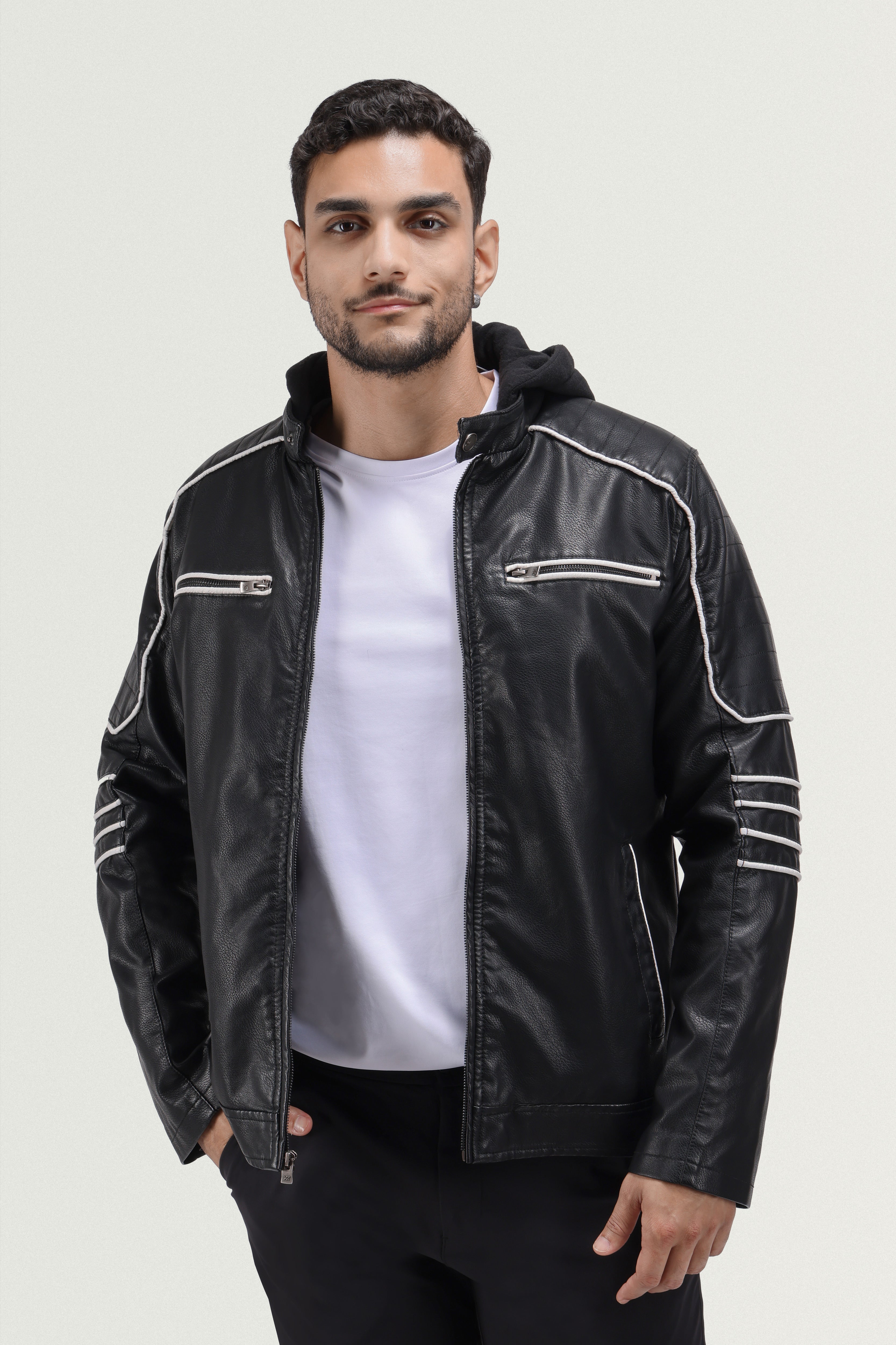 X RAY Men s Grainy PU Moto Leather Jacket With Hood and Faux Shearling Lining