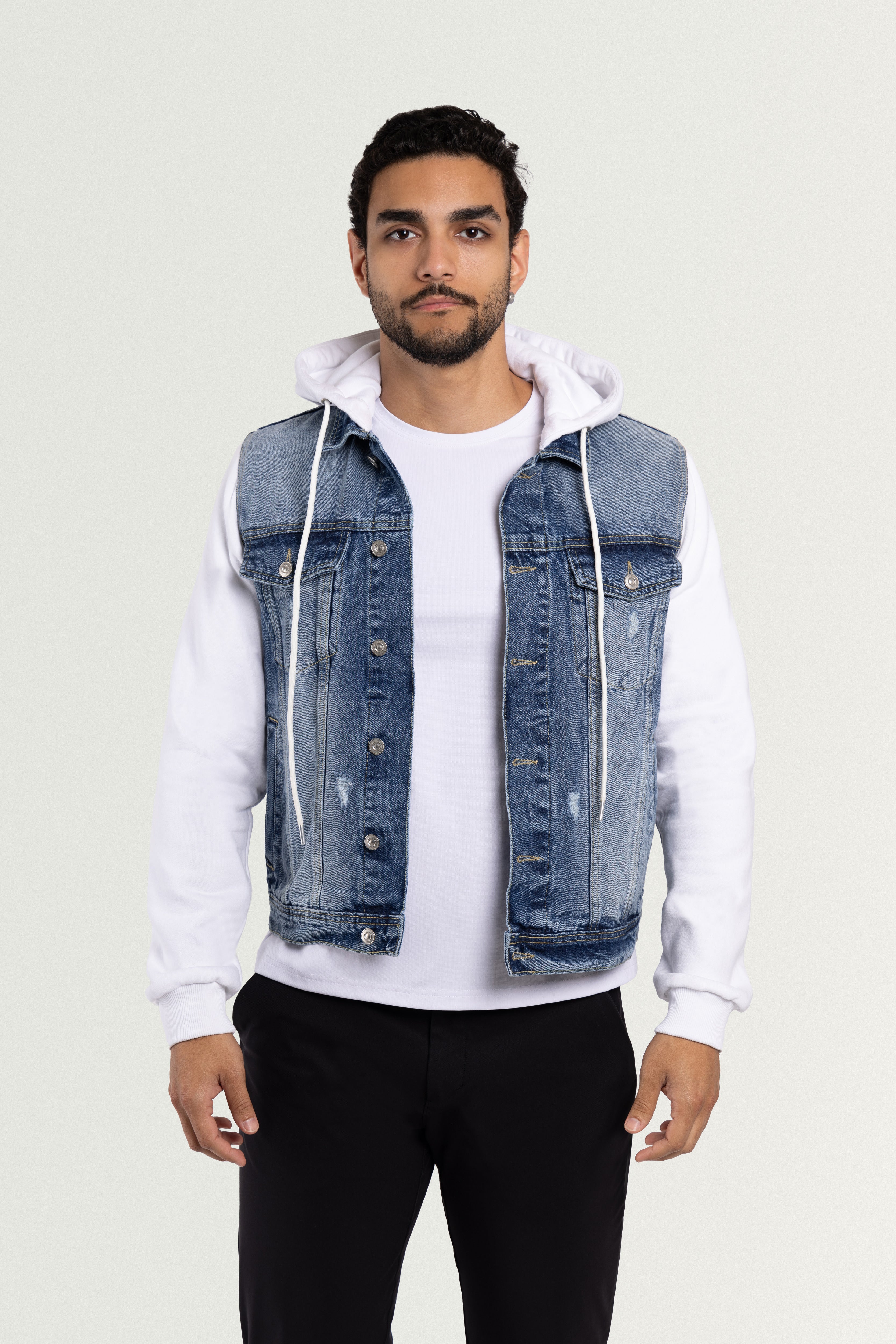 Mens jean jacket with sweatshirt sleeves on sale