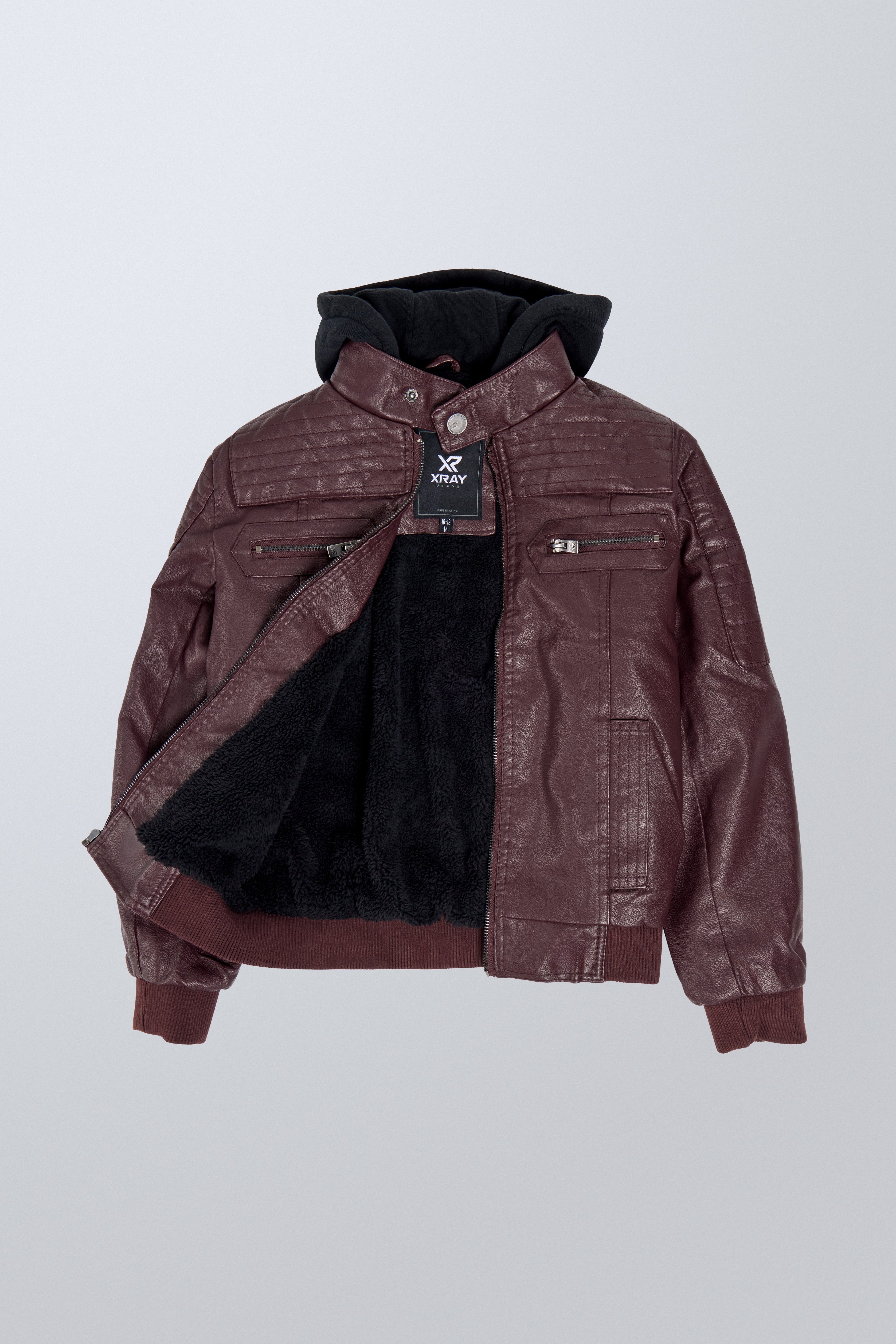 X RAY Boys Motorcycle PU Leather Jacket With Knit Hood – X