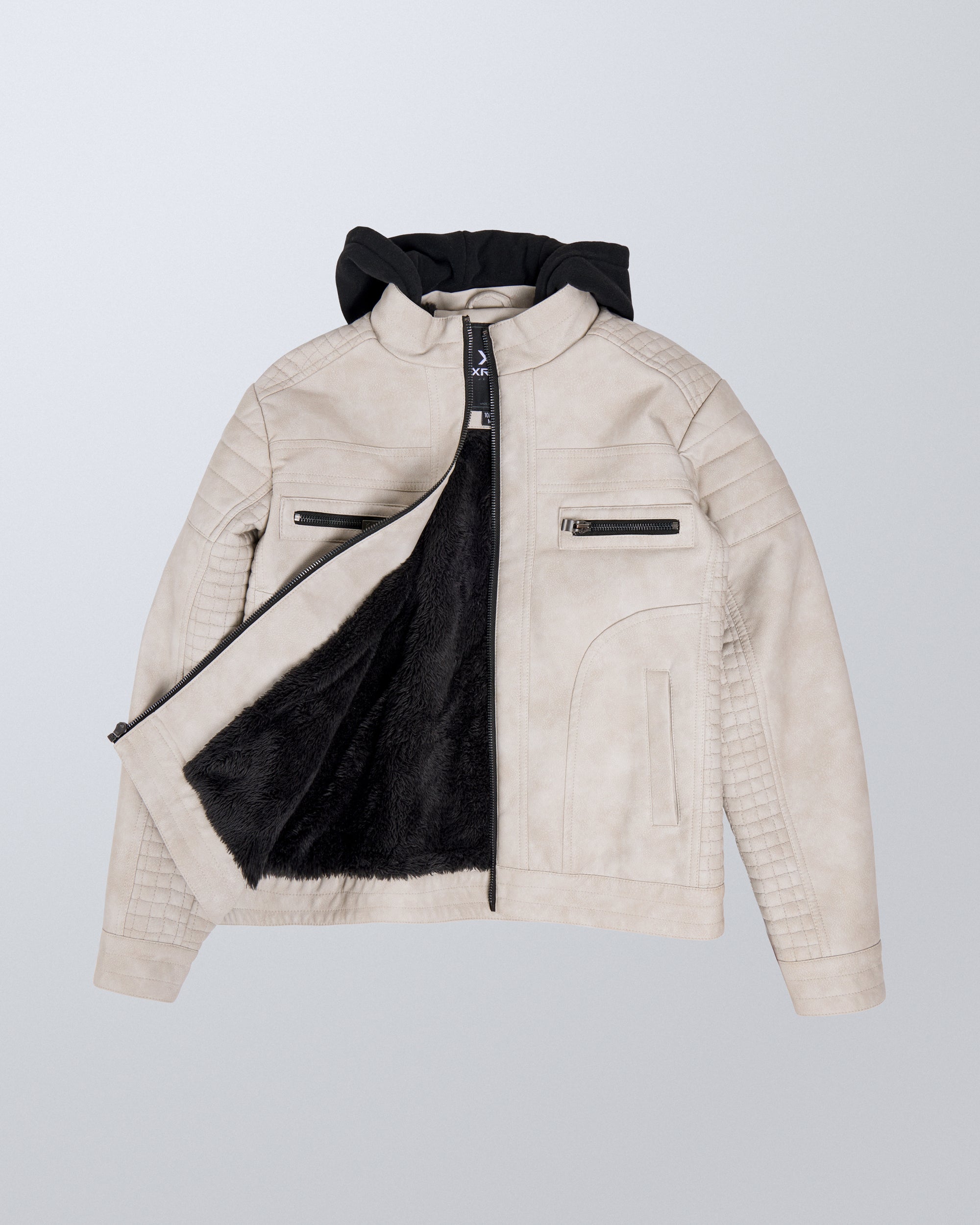 X RAY Boys PU Leather Jacket With Hood And Faux Shearling Lining.