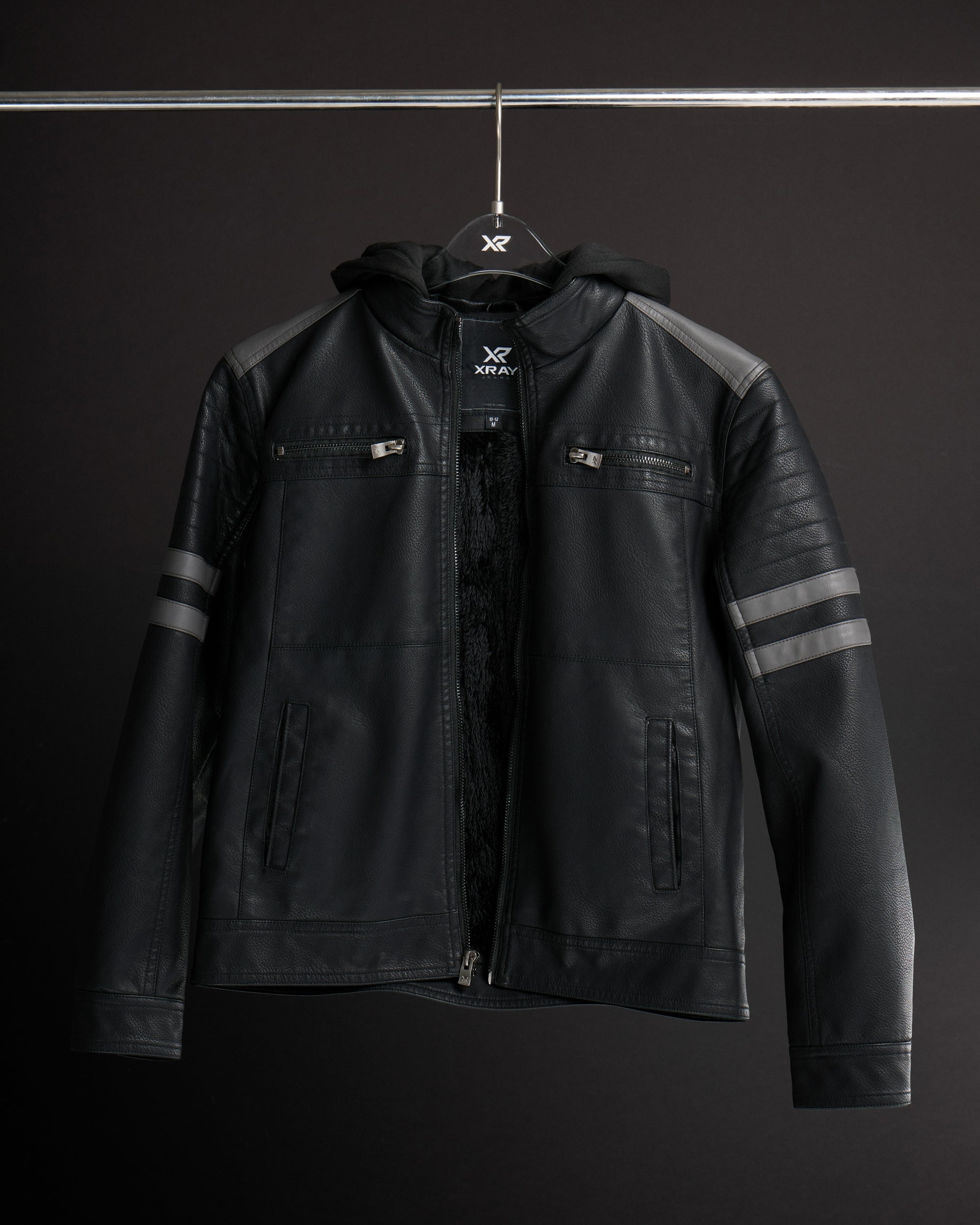 X RAY JEANS Boys Grainy PU Leather Hooded Jacket With Faux Shearling Lining