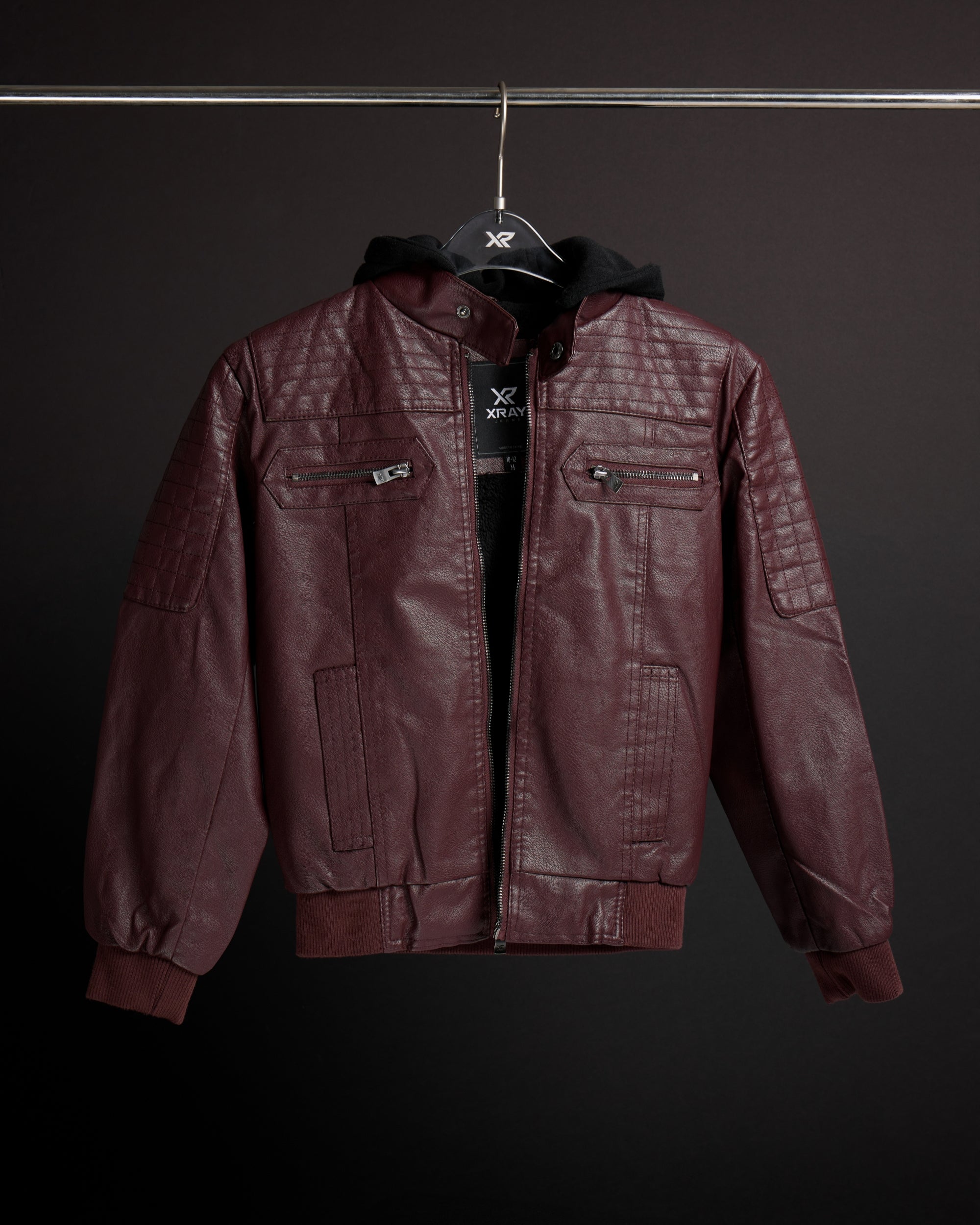 X RAY Boys Motorcycle PU Leather Jacket With Knit Hood