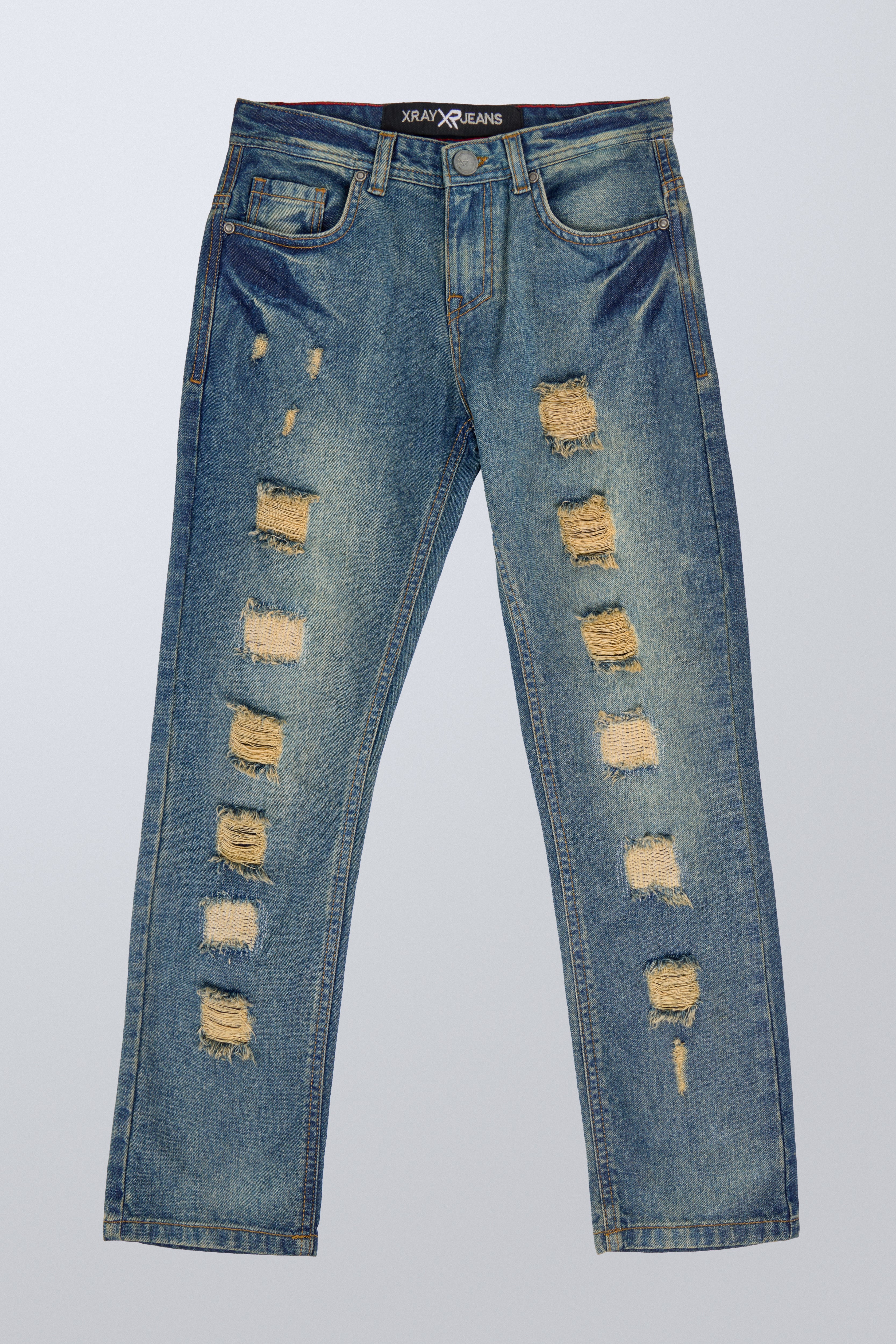 Xray Jeans Blue Jeans With Yellow Rips XY XRAY Straight Jeans Mens