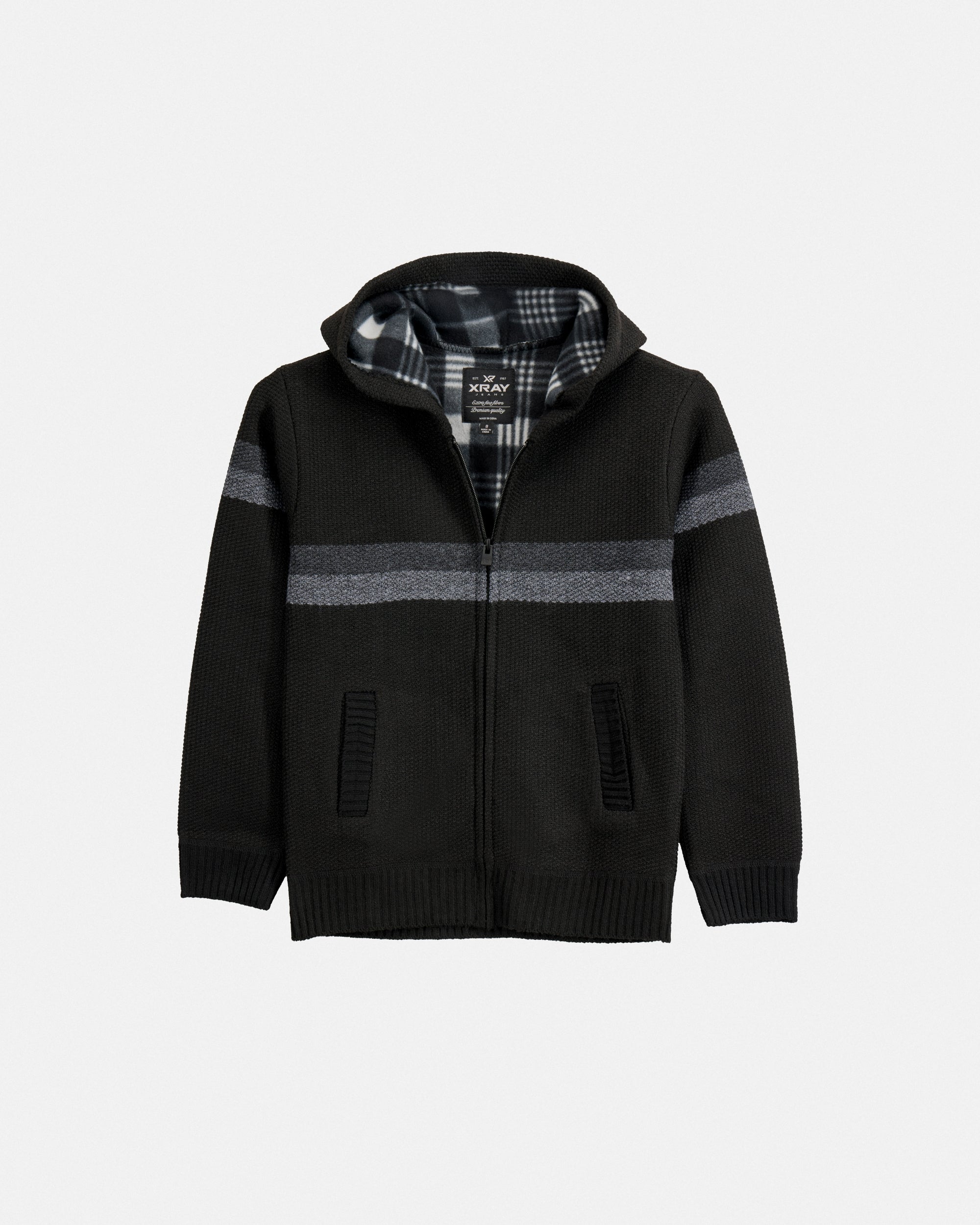 X RAY Boy's Full Zip Hooded Sweater With Stripes And Sherpa Lining