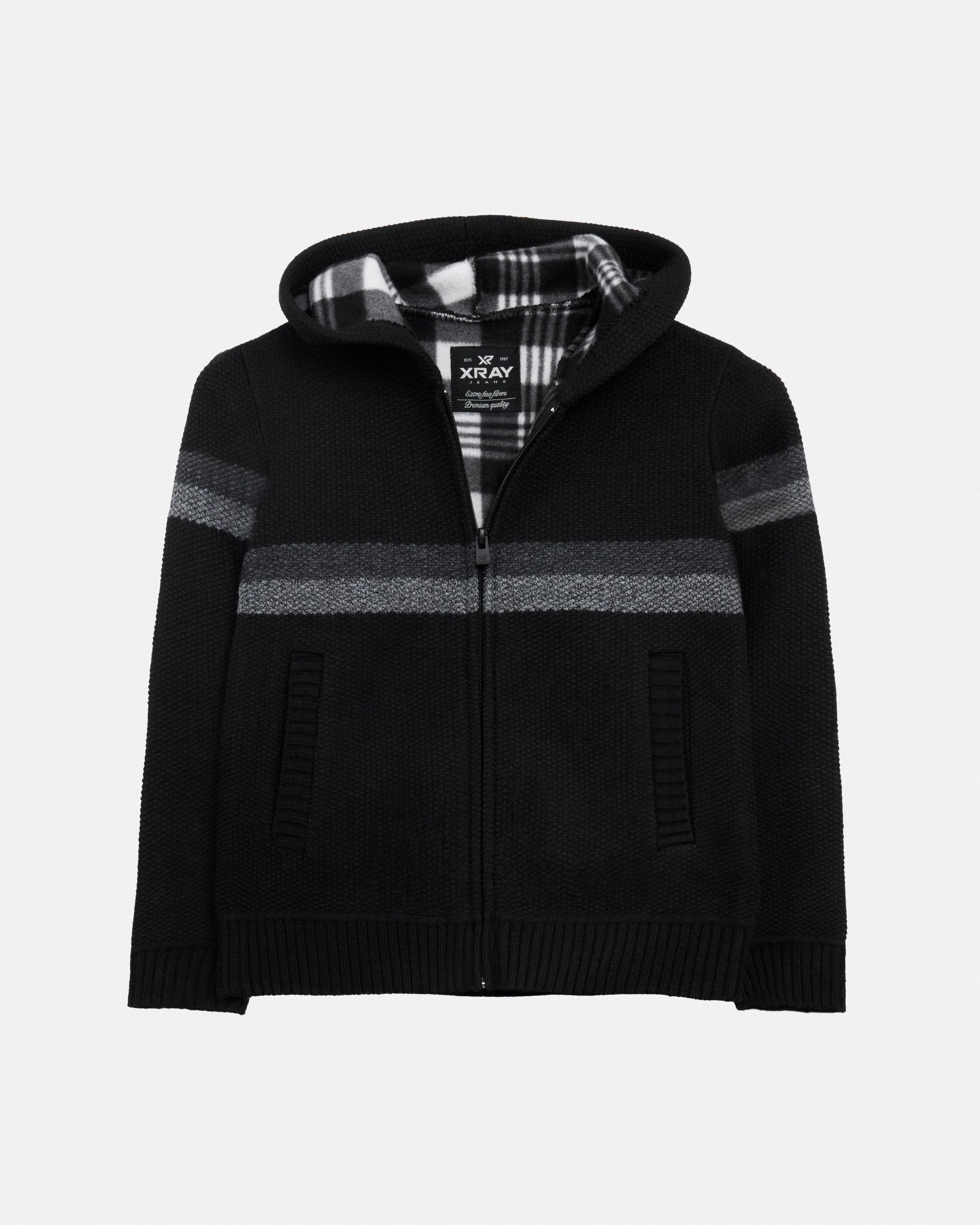 X RAY Boy's Full Zip Hooded Sweater With Stripes And Sherpa Lining