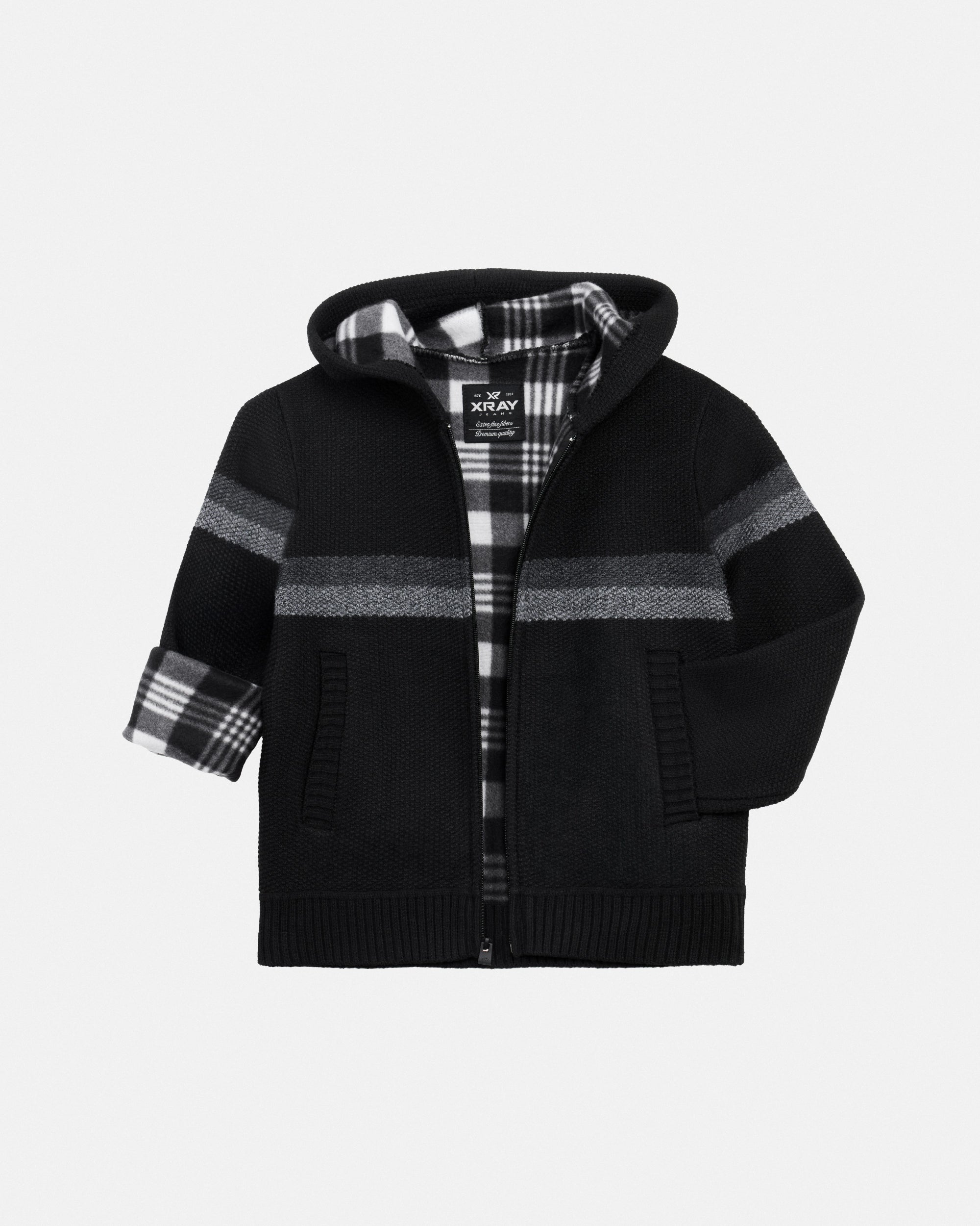 X RAY Boy's Full Zip Hooded Sweater With Stripes And Sherpa Lining-thumbmail-3