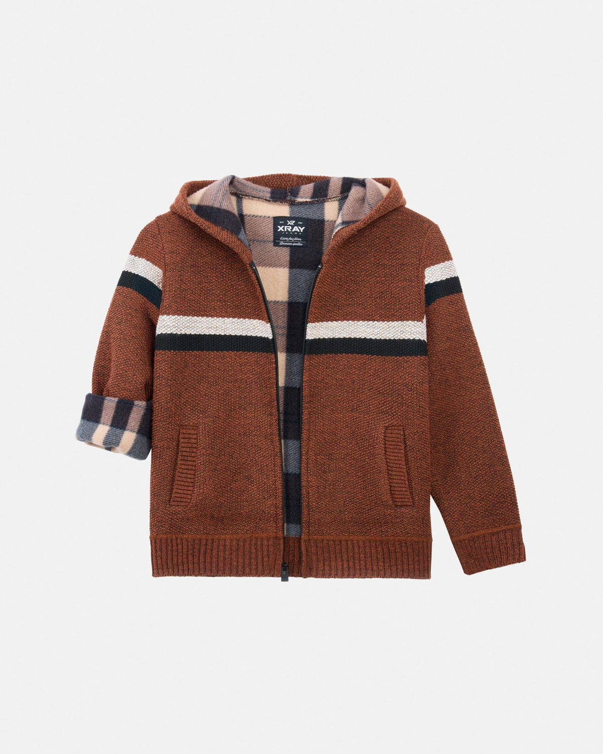 X RAY Boy's Full Zip Hooded Sweater With Stripes And Sherpa Lining-thumbmail-21
