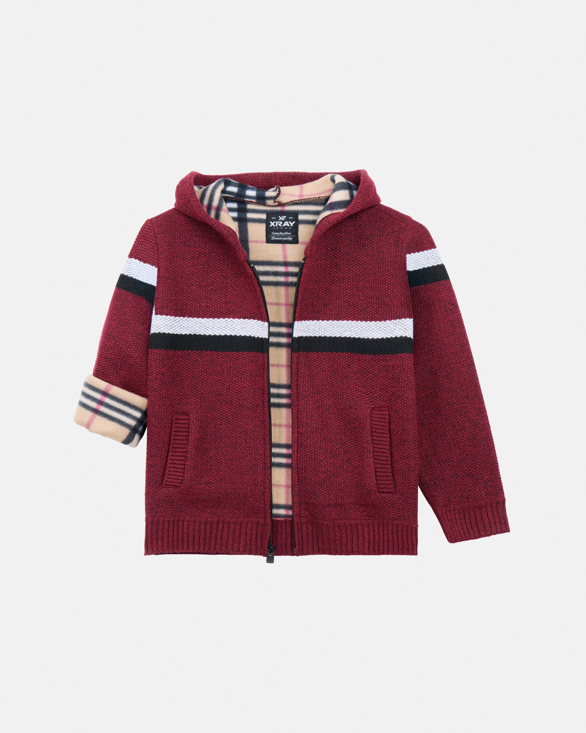 X RAY Boy's Full Zip Hooded Sweater With Stripes And Sherpa Lining-thumbmail-27
