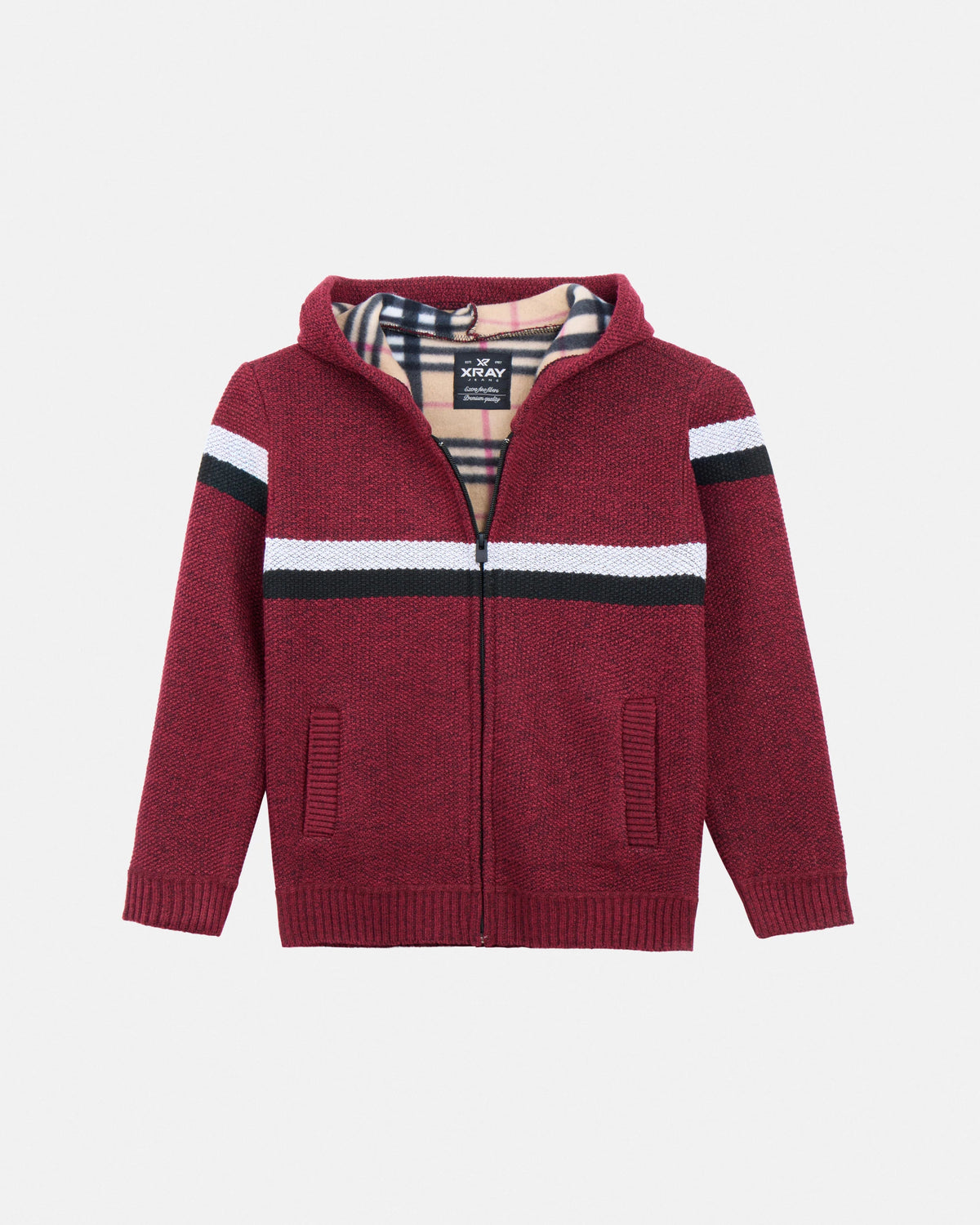 X RAY Boy's Full Zip Hooded Sweater With Stripes And Sherpa Lining-thumbmail-25