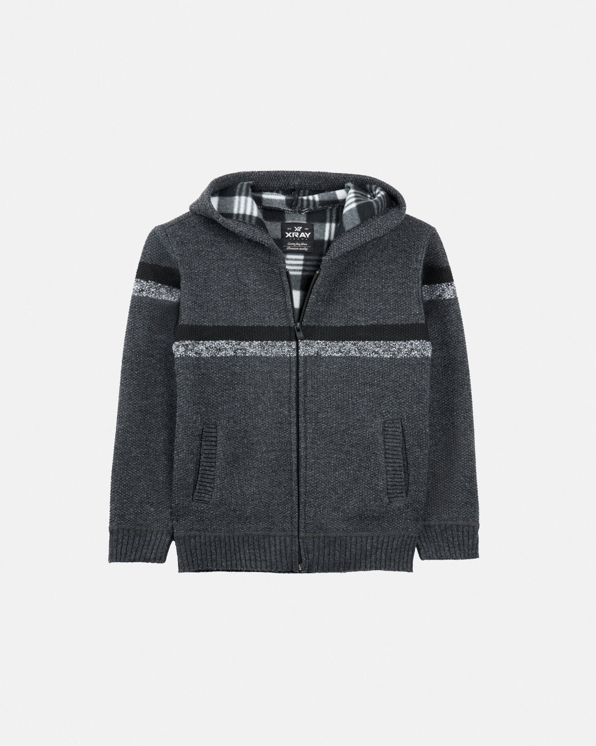 X RAY Boy's Full Zip Hooded Sweater With Stripes And Sherpa Lining-thumbmail-28