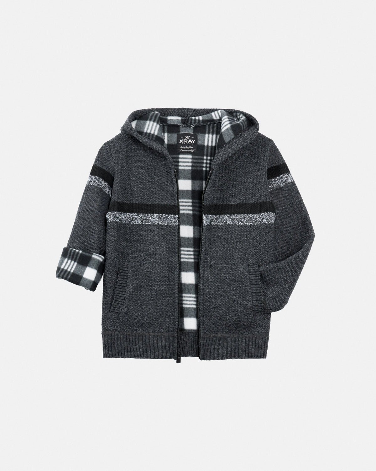 X RAY Boy's Full Zip Hooded Sweater With Stripes And Sherpa Lining-thumbmail-35