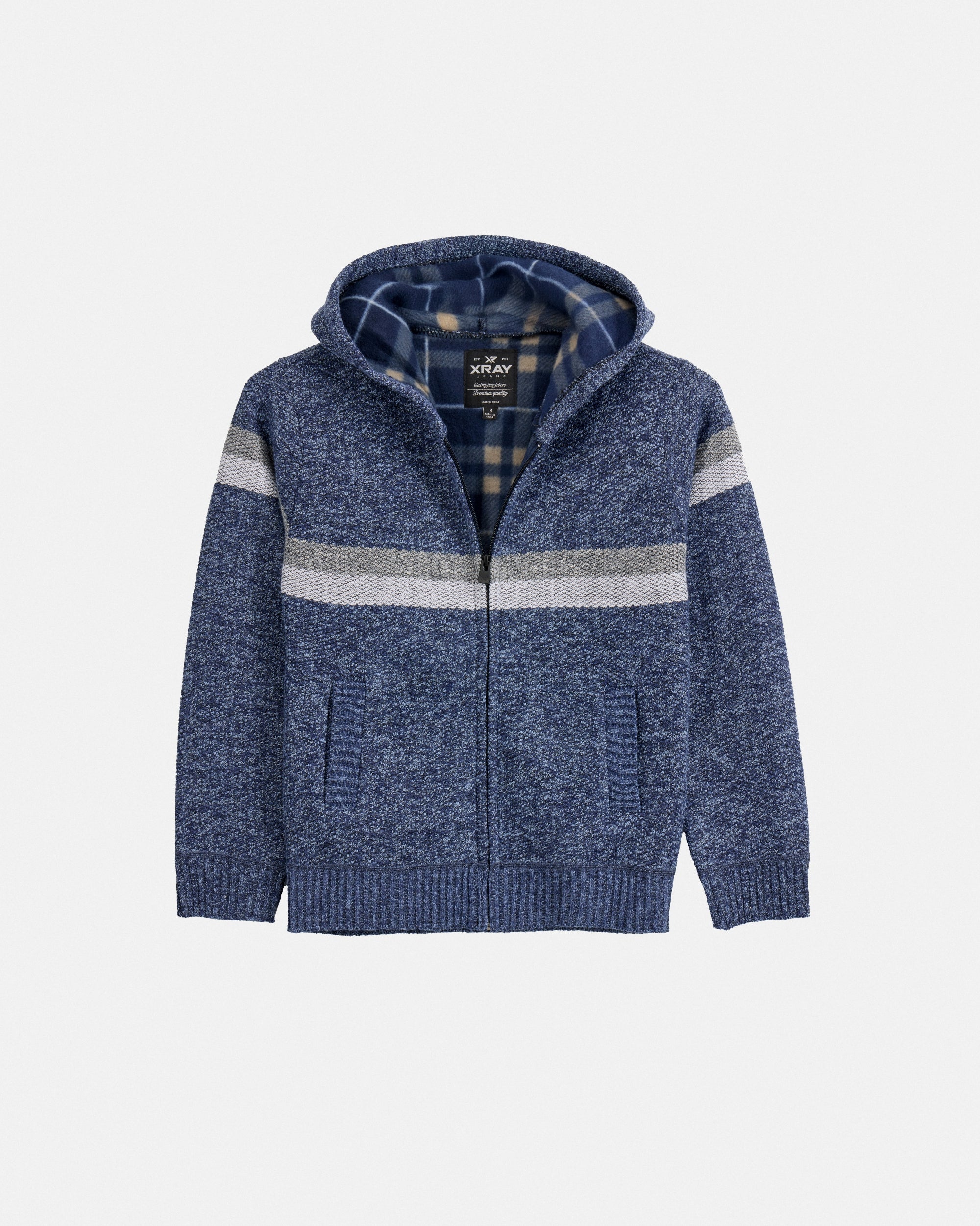 X RAY Boy's Full Zip Hooded Sweater With Stripes And Sherpa Lining