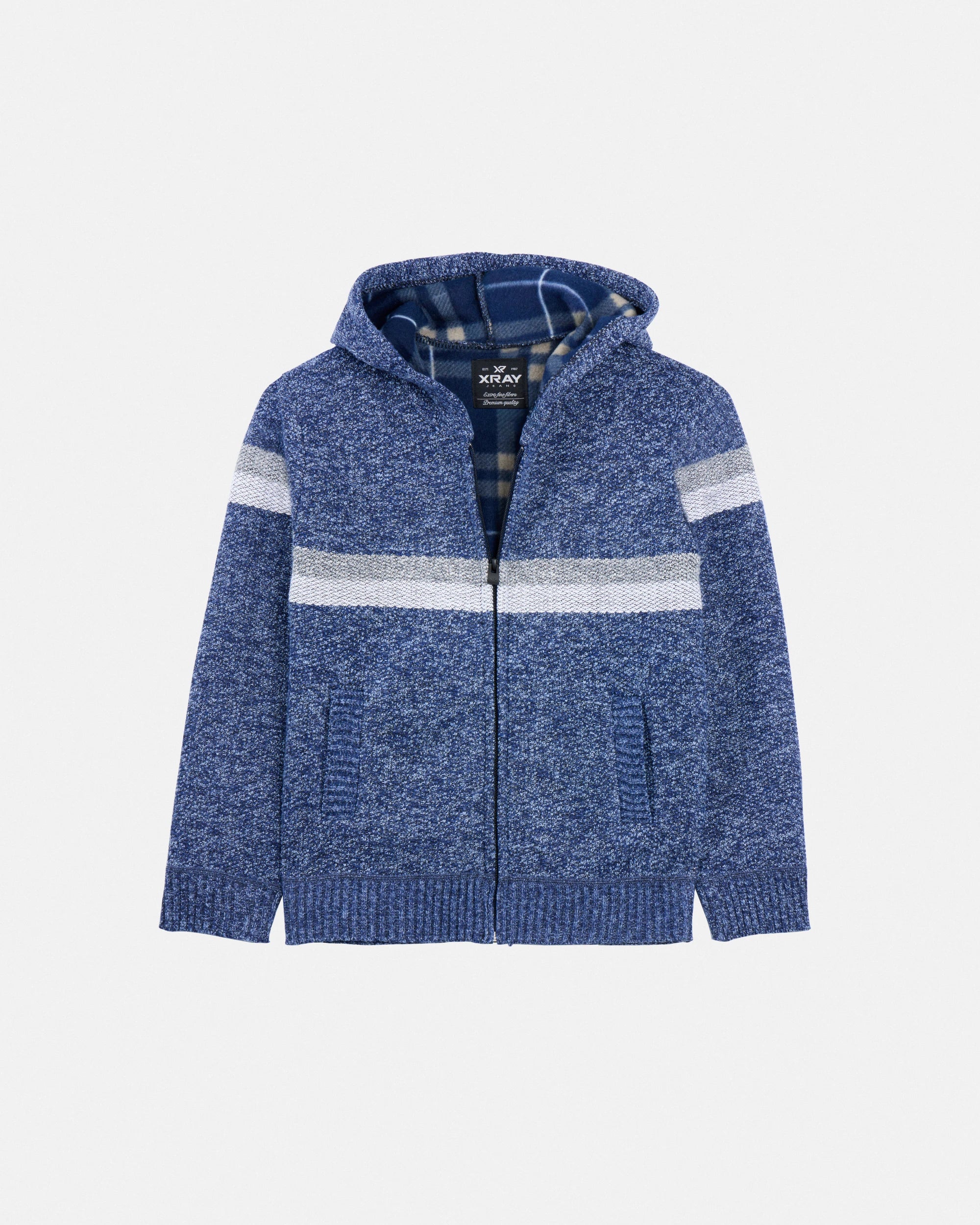 X RAY Boy's Full Zip Hooded Sweater With Stripes And Sherpa Lining-thumbmail-7