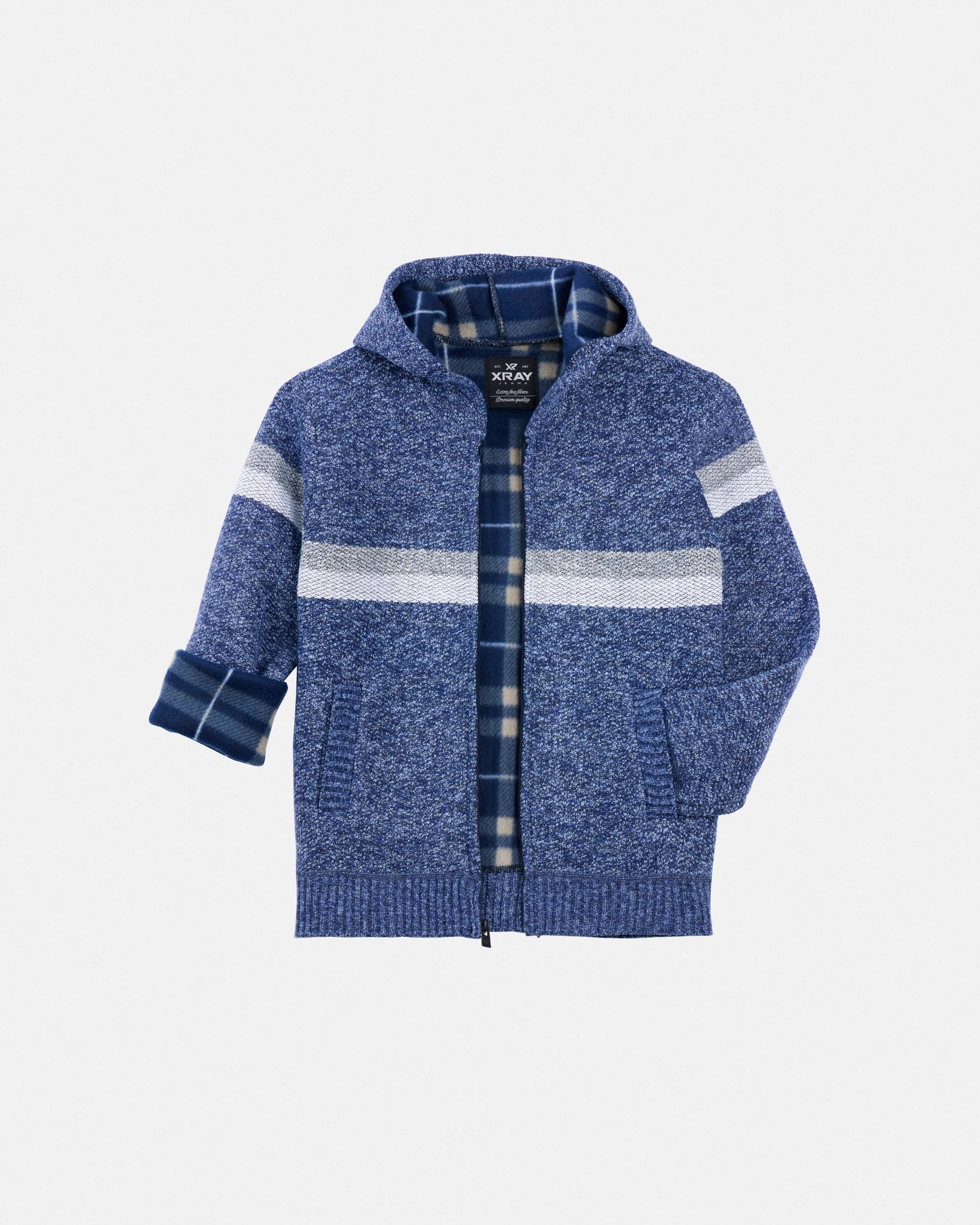 X RAY Boy's Full Zip Hooded Sweater With Stripes And Sherpa Lining-thumbmail-9