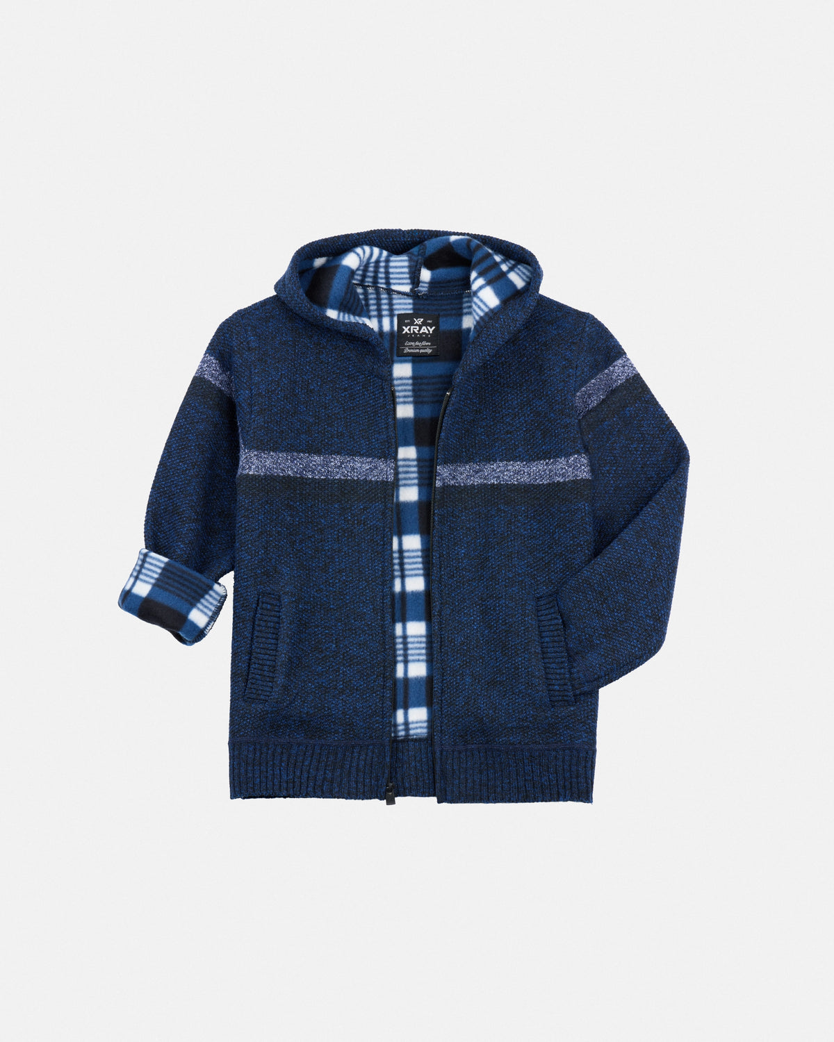 X RAY Boy's Full Zip Hooded Sweater With Stripes And Sherpa Lining-thumbmail-40