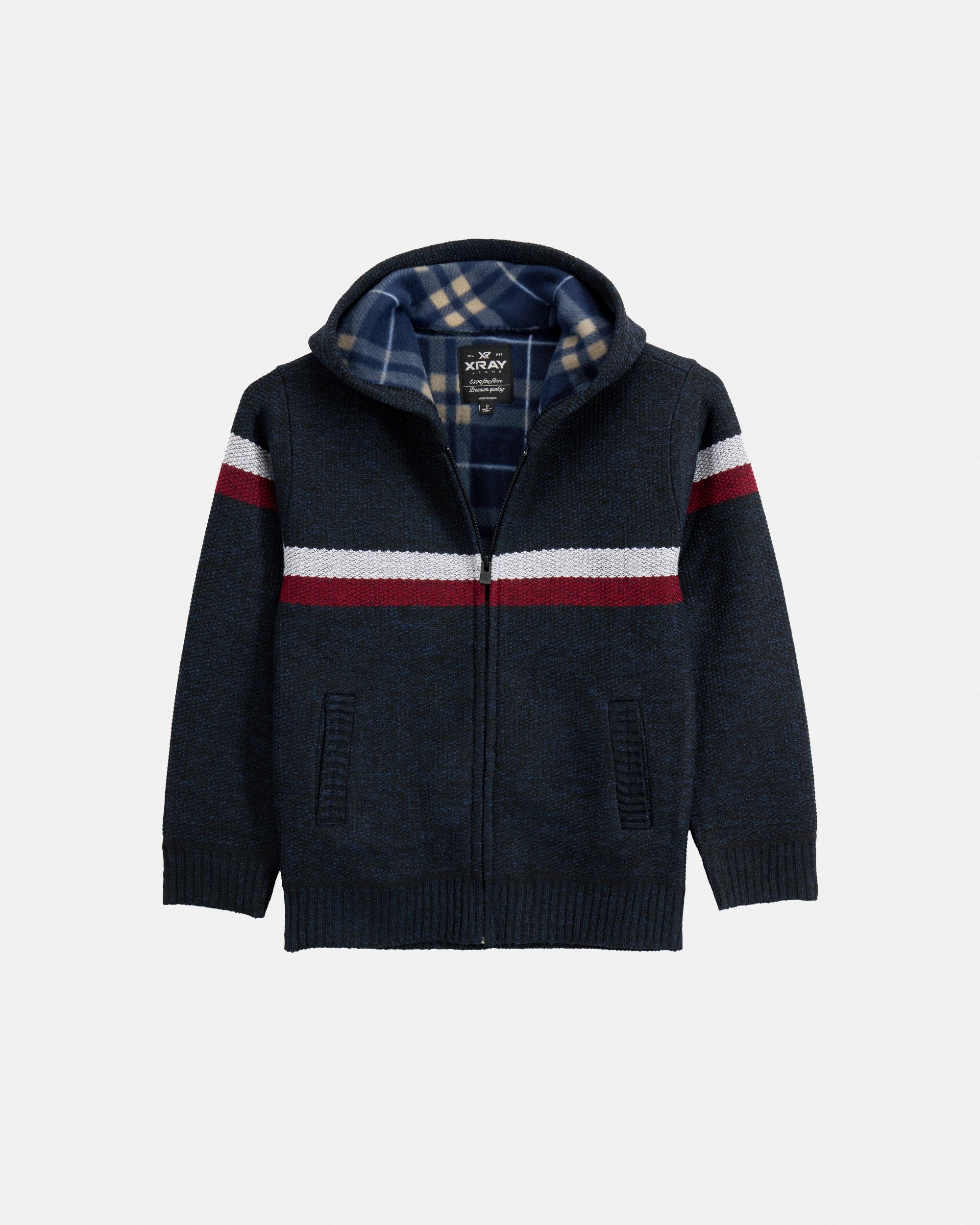 X RAY Boy's Full Zip Hooded Sweater With Stripes And Sherpa Lining