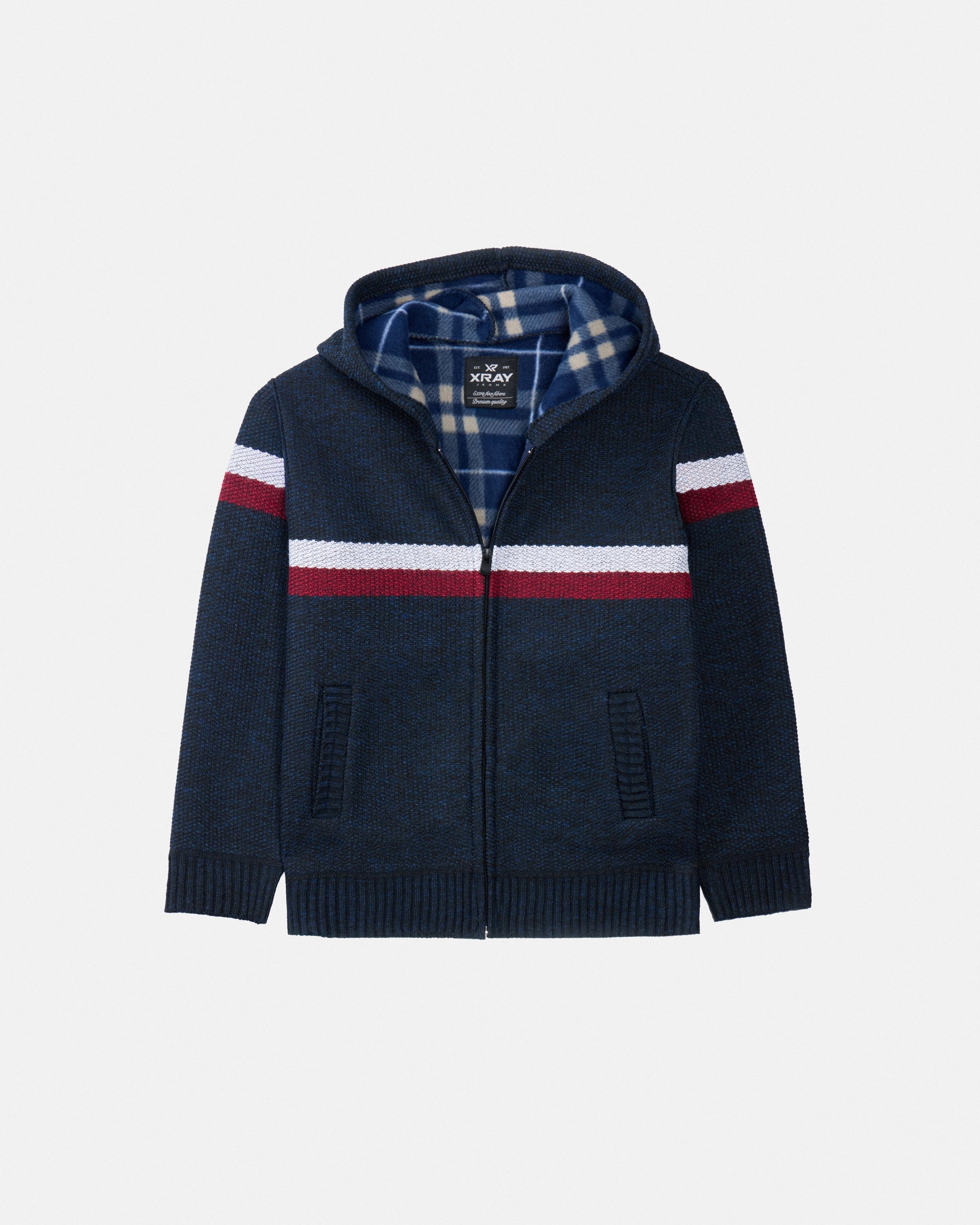 X RAY Boy's Full Zip Hooded Sweater With Stripes And Sherpa Lining-thumbmail-13