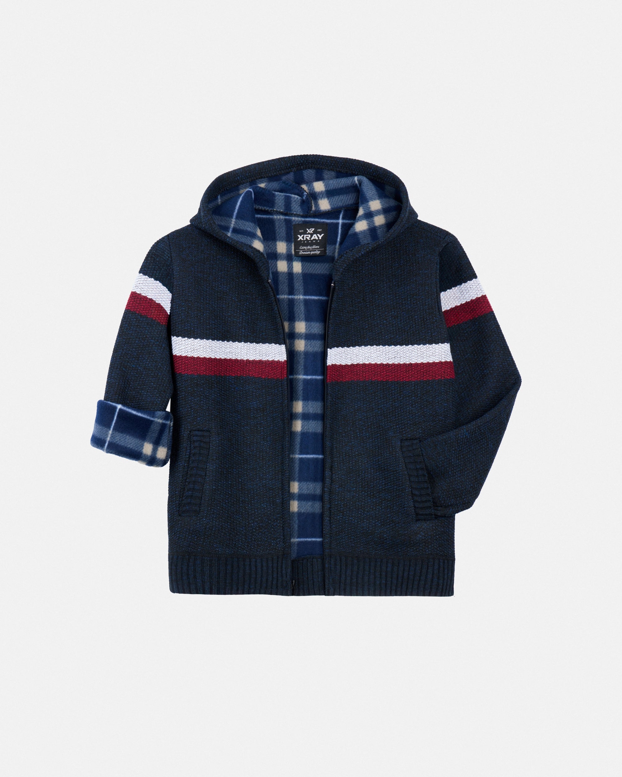 X RAY Boy's Full Zip Hooded Sweater With Stripes And Sherpa Lining-thumbmail-15