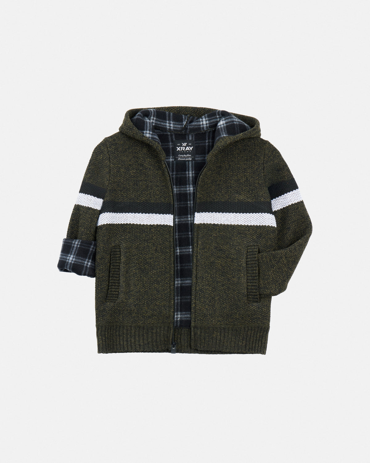 X RAY Boy's Full Zip Hooded Sweater With Stripes And Sherpa Lining-thumbmail-45