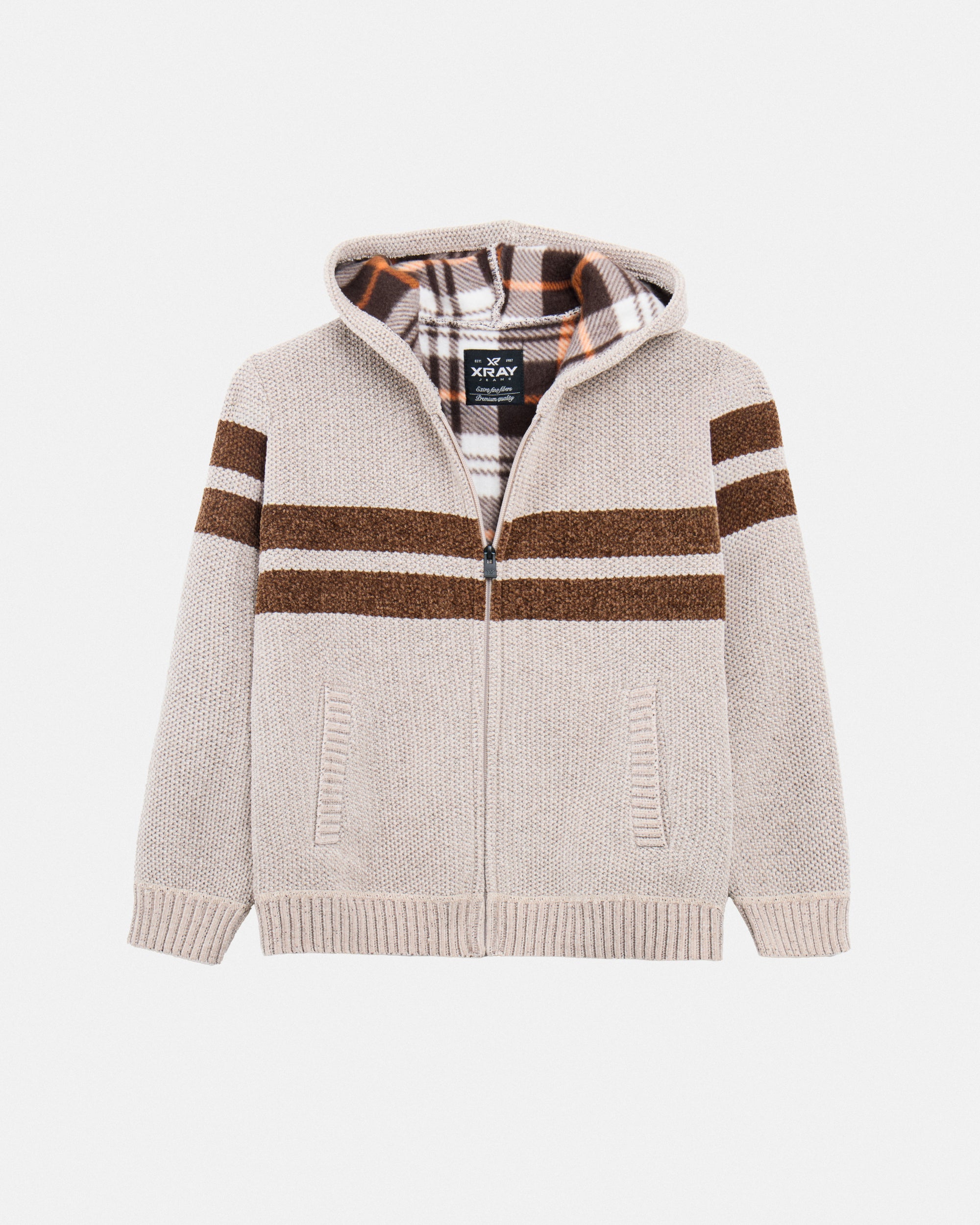 Boy's Full Zip Hooded Sweater With Stripes And Faux Shearling Lining-thumbmail-1