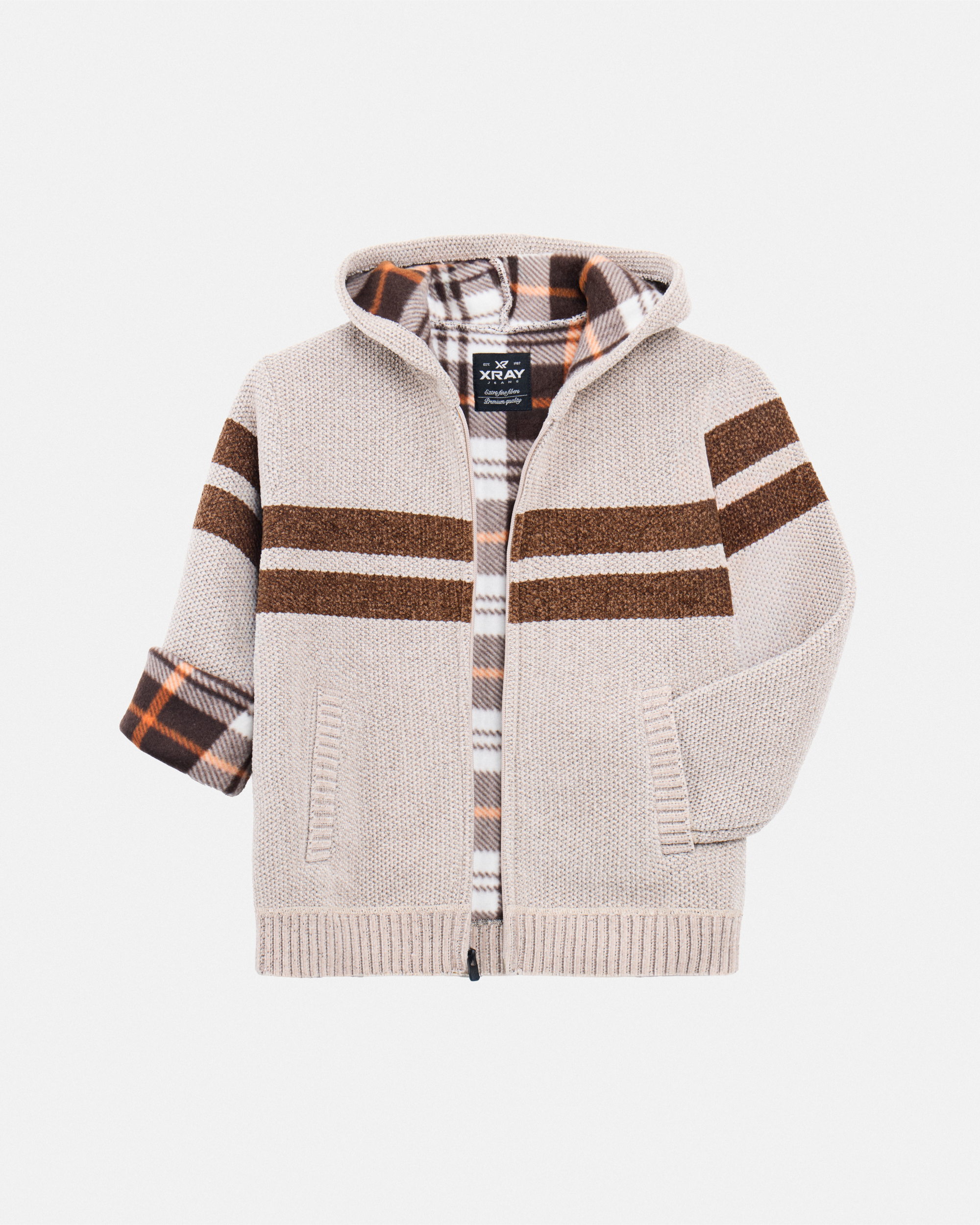 Boy's Full Zip Hooded Sweater With Stripes And Faux Shearling Lining-thumbmail-3