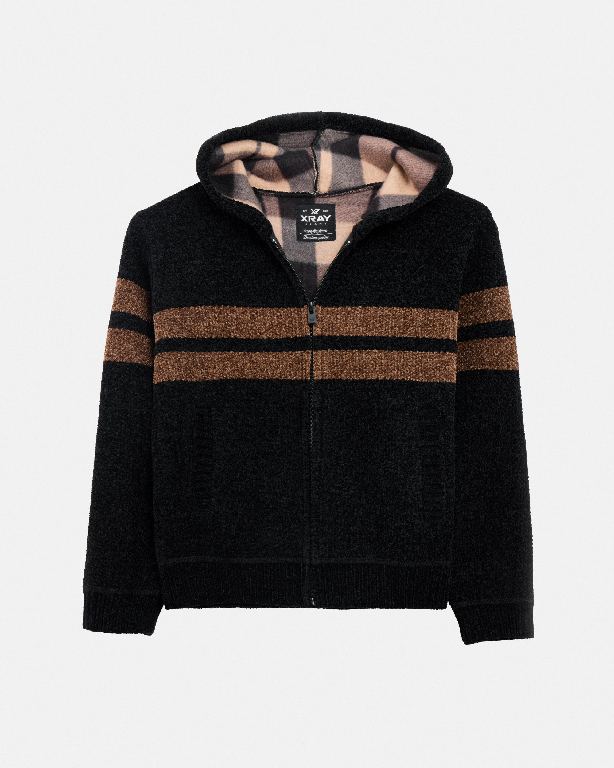 Boy's Full Zip Hooded Sweater With Stripes And Faux Shearling Lining-thumbmail-8
