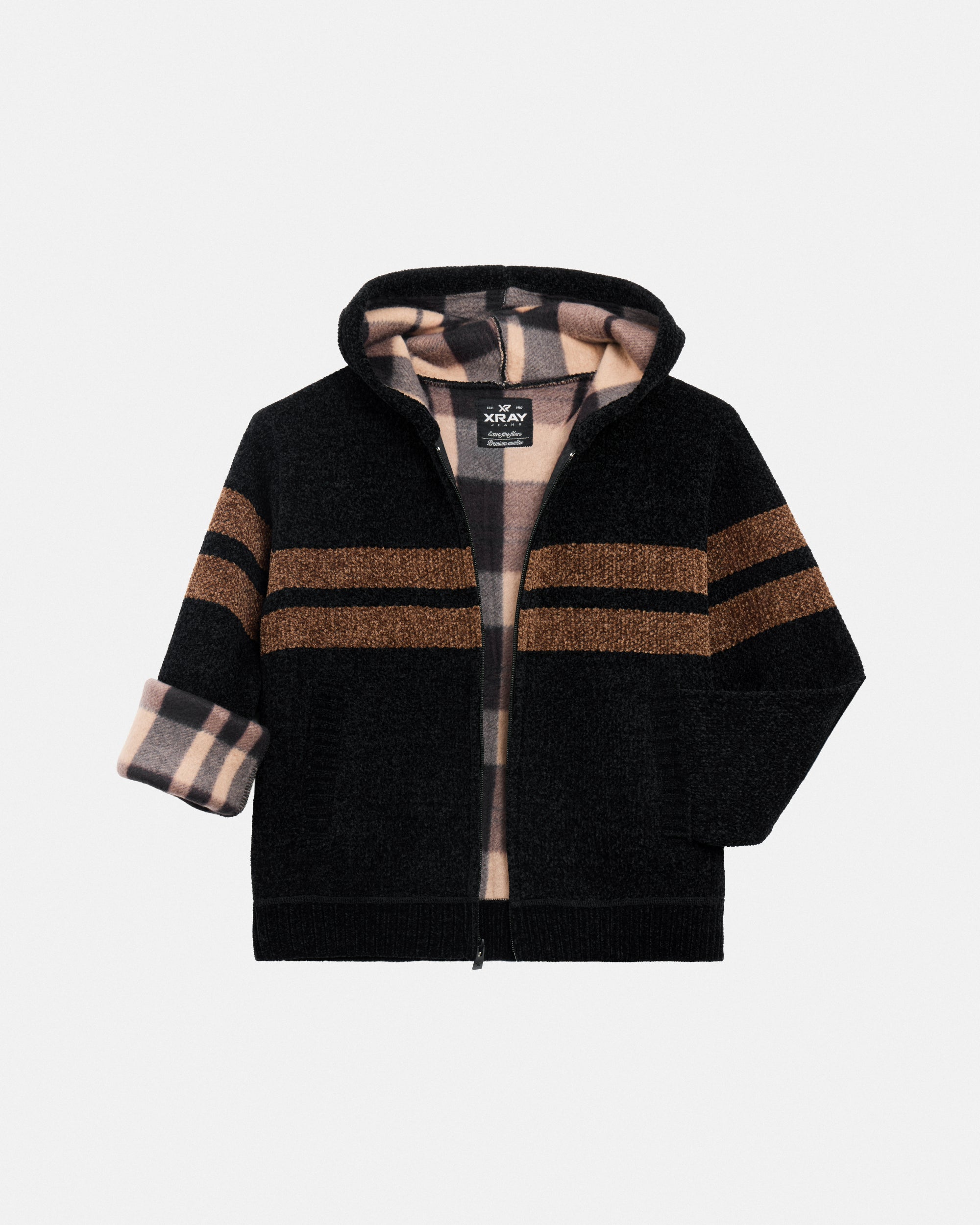 Boy's Full Zip Hooded Sweater With Stripes And Faux Shearling Lining-thumbmail-10