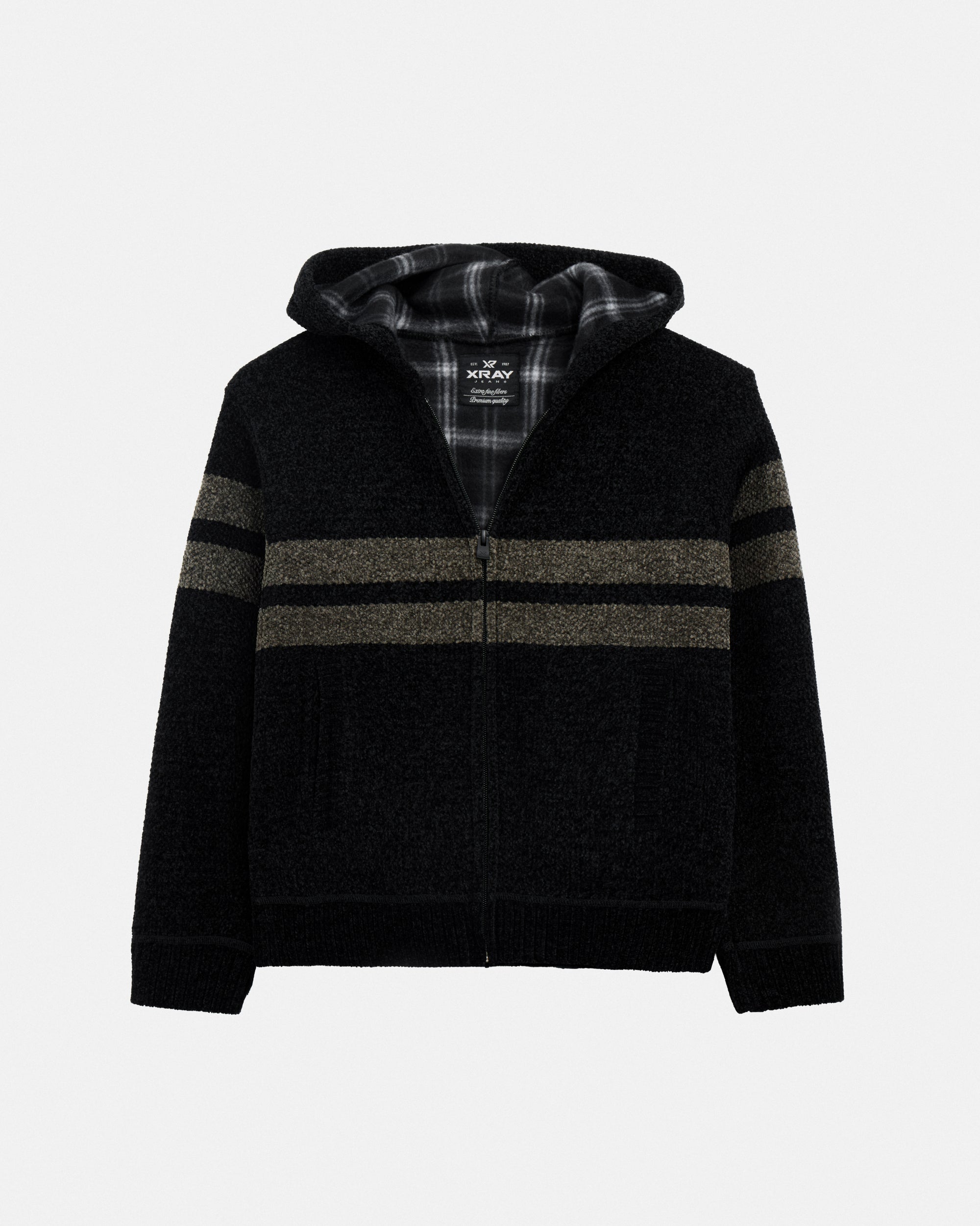 Boy's Full Zip Hooded Sweater With Stripes And Faux Shearling Lining-thumbmail-15