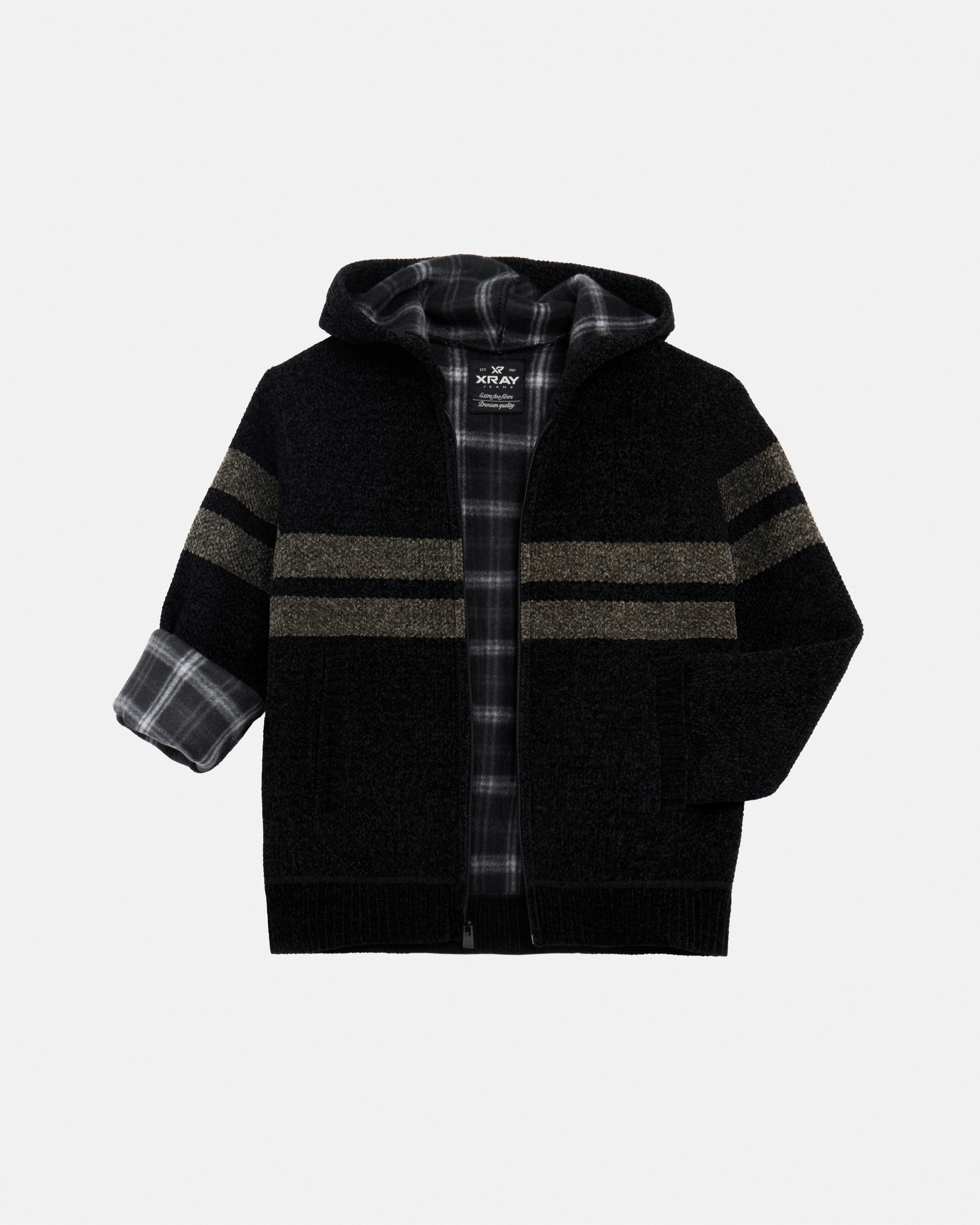Boy's Full Zip Hooded Sweater With Stripes And Faux Shearling Lining-thumbmail-17