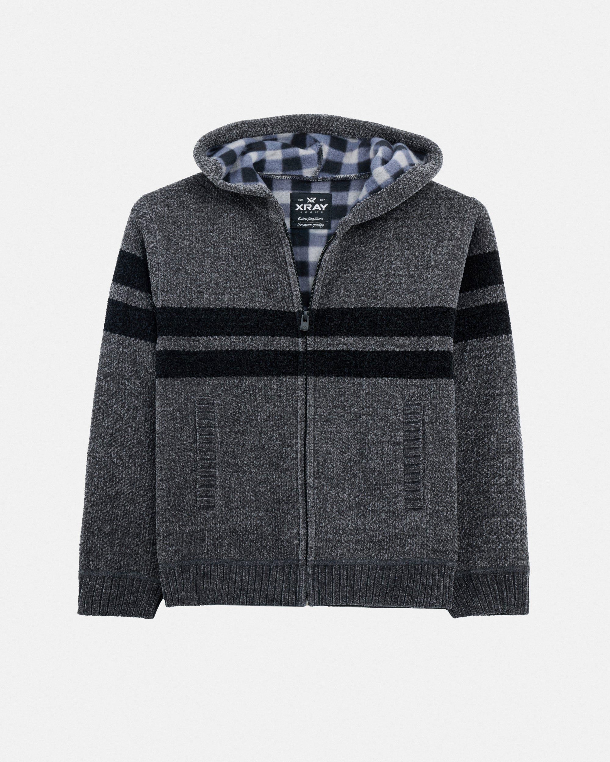 Boy's Full Zip Hooded Sweater With Stripes And Faux Shearling Lining-thumbmail-22