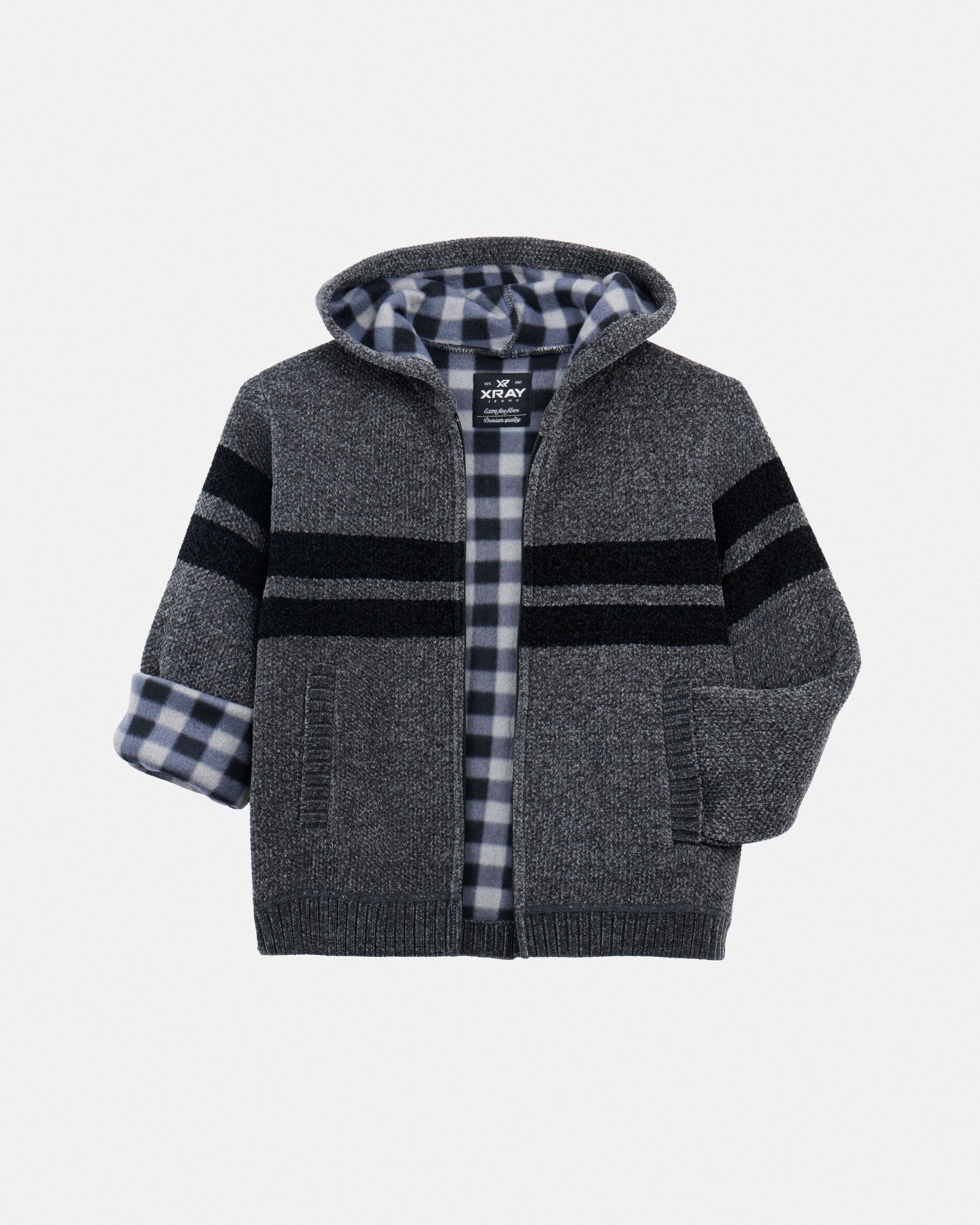Boy's Full Zip Hooded Sweater With Stripes And Faux Shearling Lining-thumbmail-24