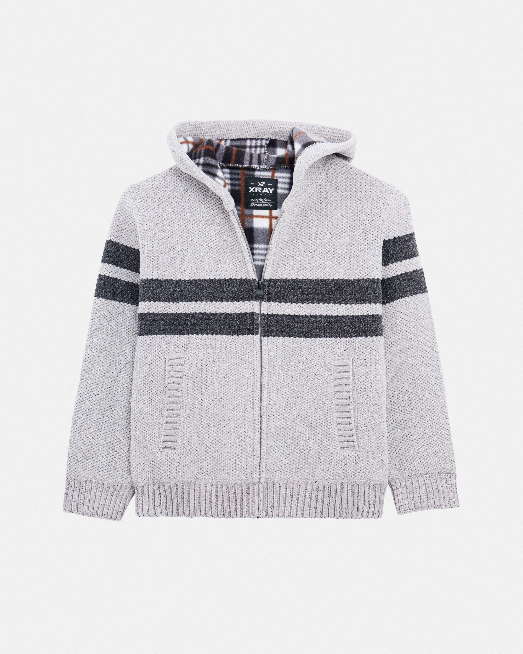 Boy's Full Zip Hooded Sweater With Stripes And Faux Shearling Lining-thumbmail-29