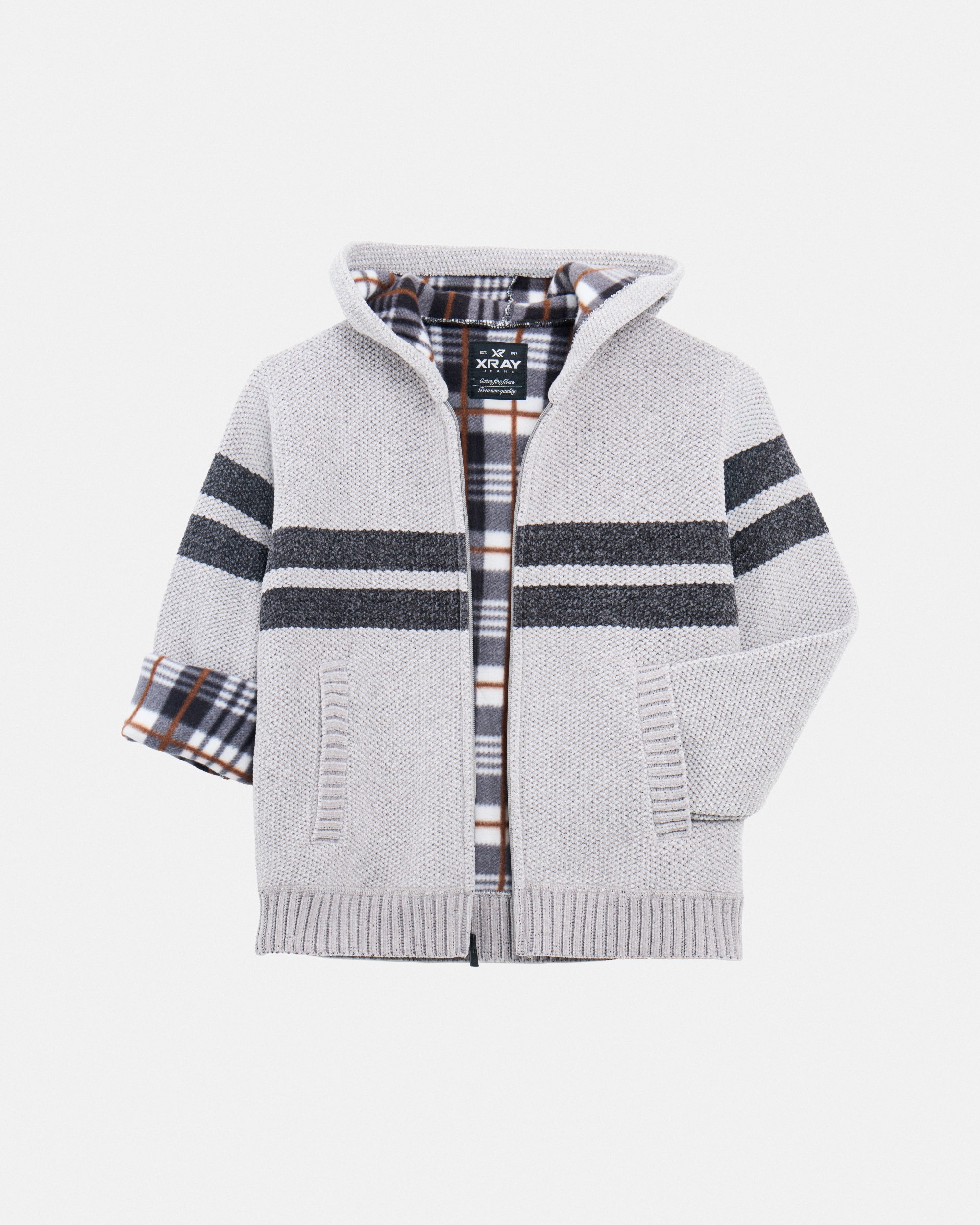 Boy's Full Zip Hooded Sweater With Stripes And Faux Shearling Lining-thumbmail-31