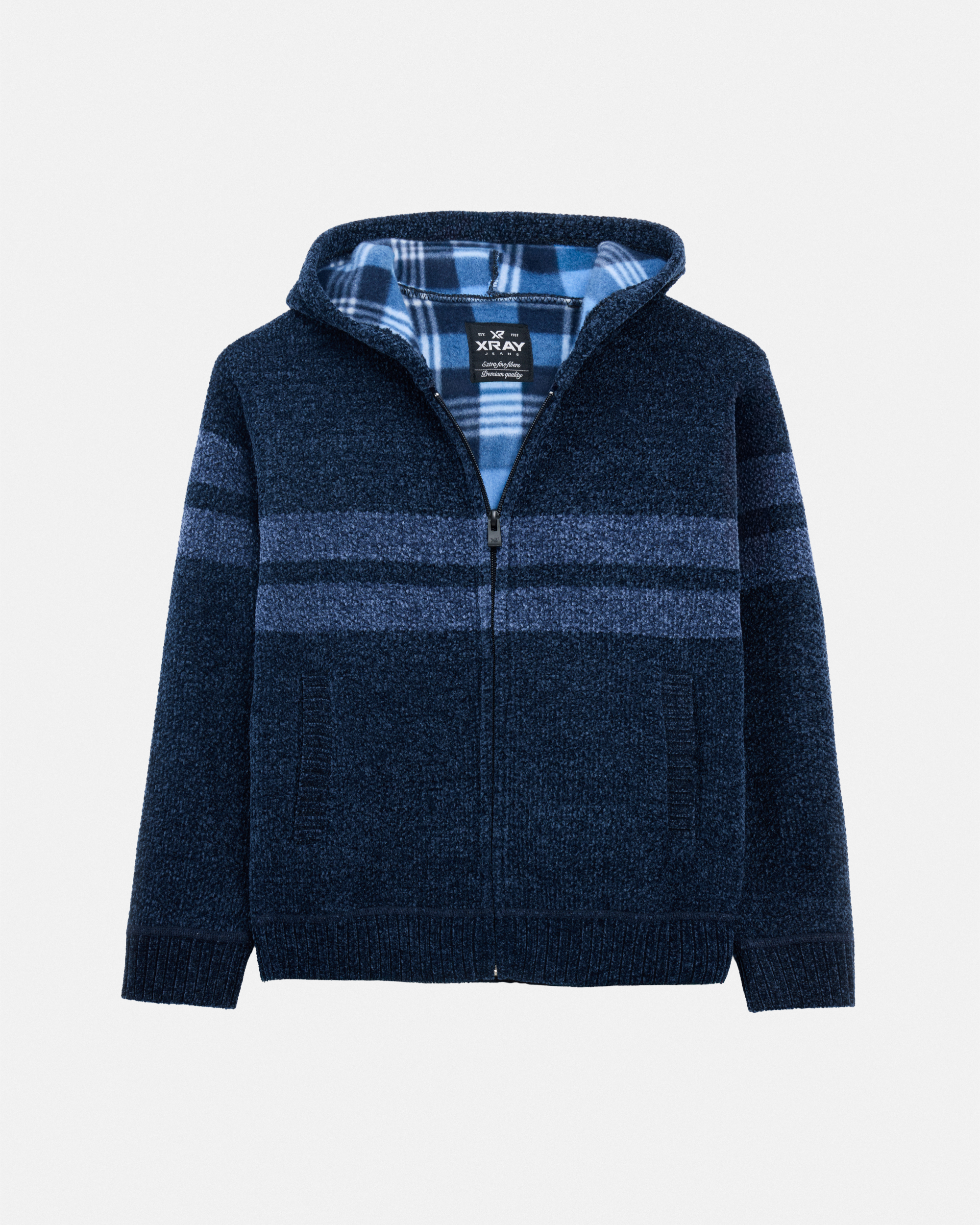 Boy's Full Zip Hooded Sweater With Stripes And Faux Shearling Lining-thumbmail-43