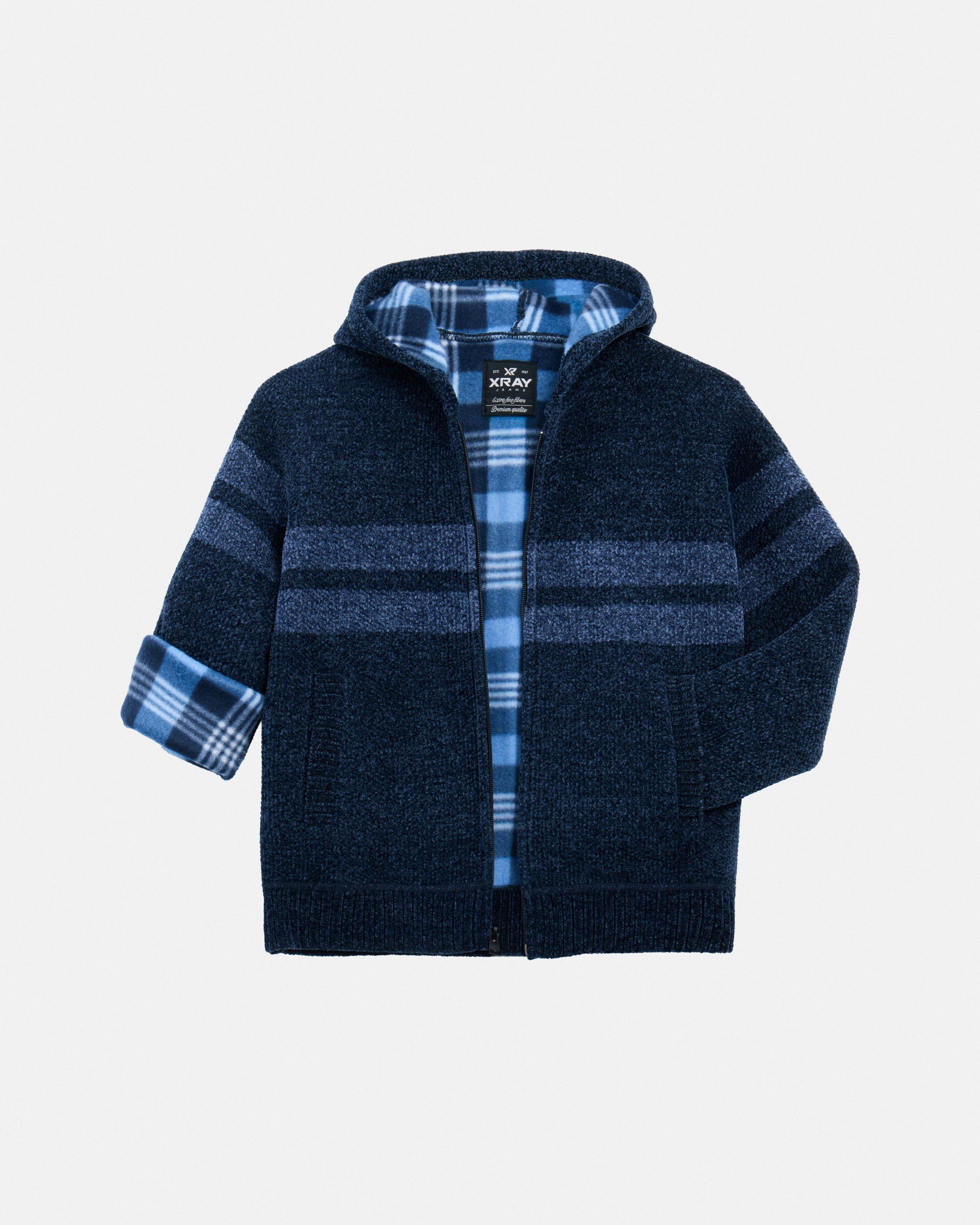 Boy's Full Zip Hooded Sweater With Stripes And Faux Shearling Lining-thumbmail-45
