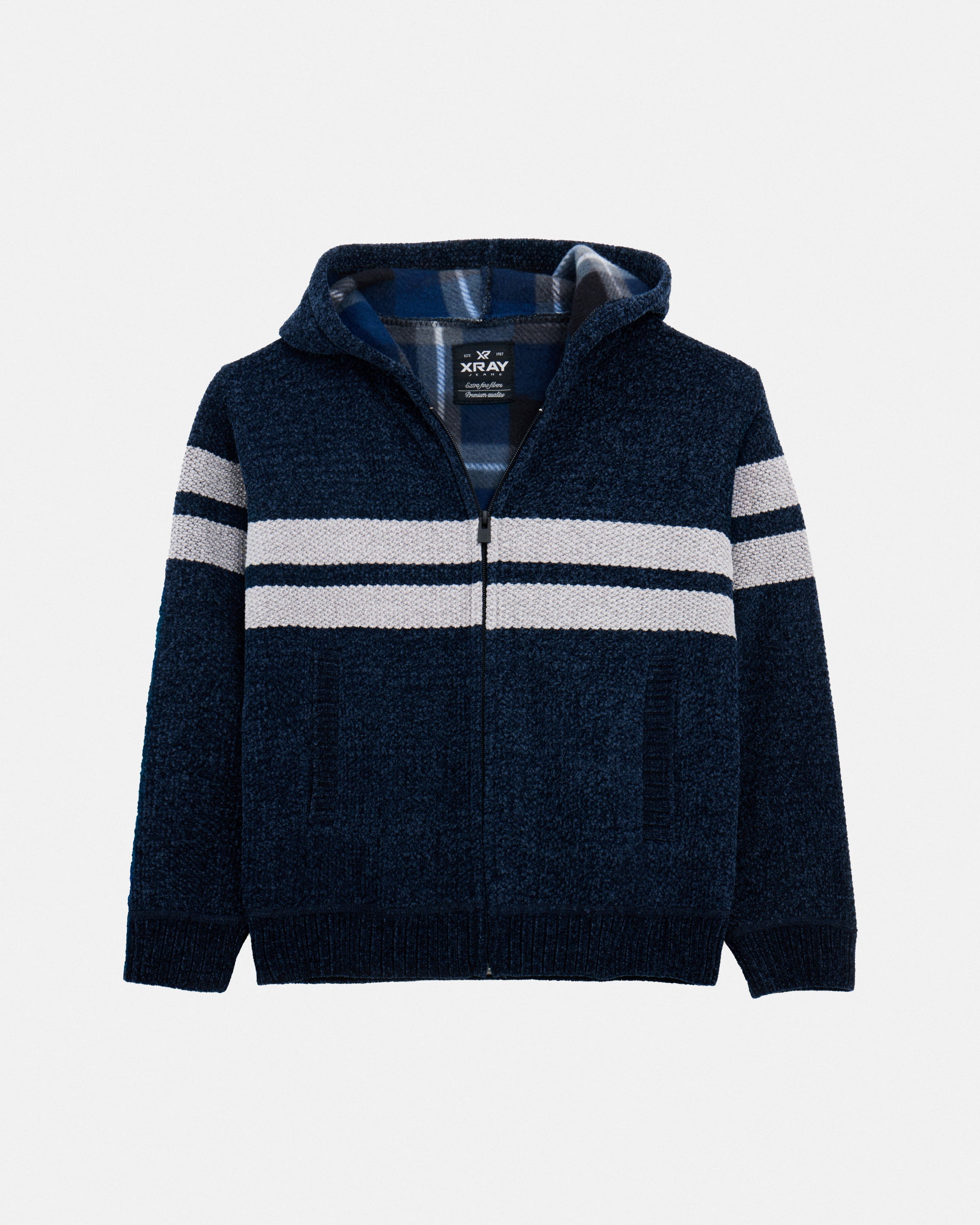 Boy's Full Zip Hooded Sweater With Stripes And Faux Shearling Lining-thumbmail-36