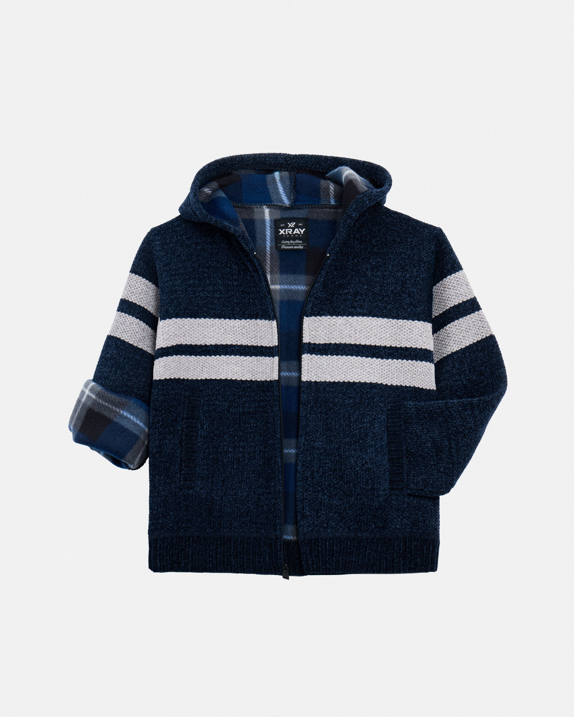 Boy's Full Zip Hooded Sweater With Stripes And Faux Shearling Lining-thumbmail-38