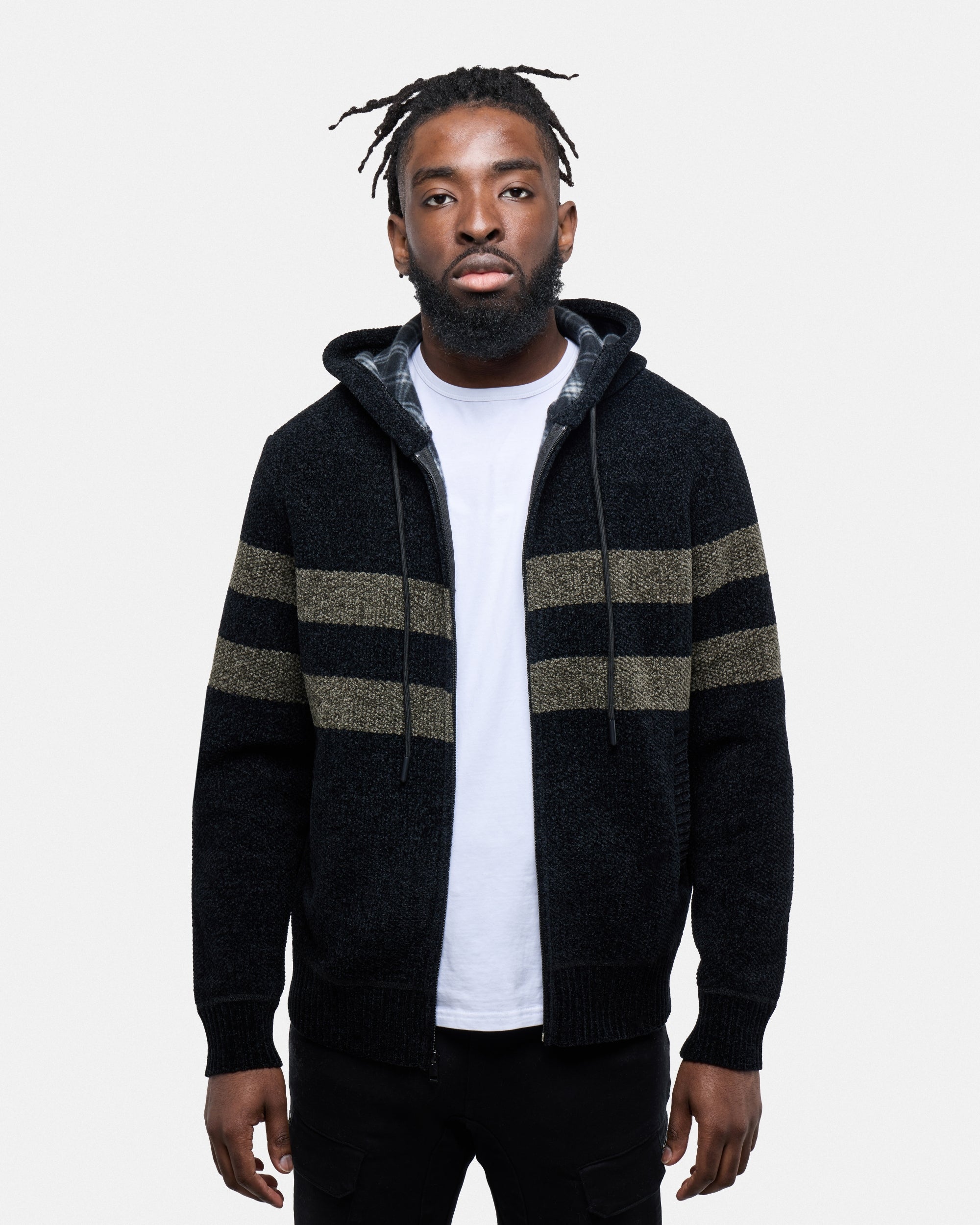#CMW-34095 Full Zip Chest Stripe Hoodie Sweater