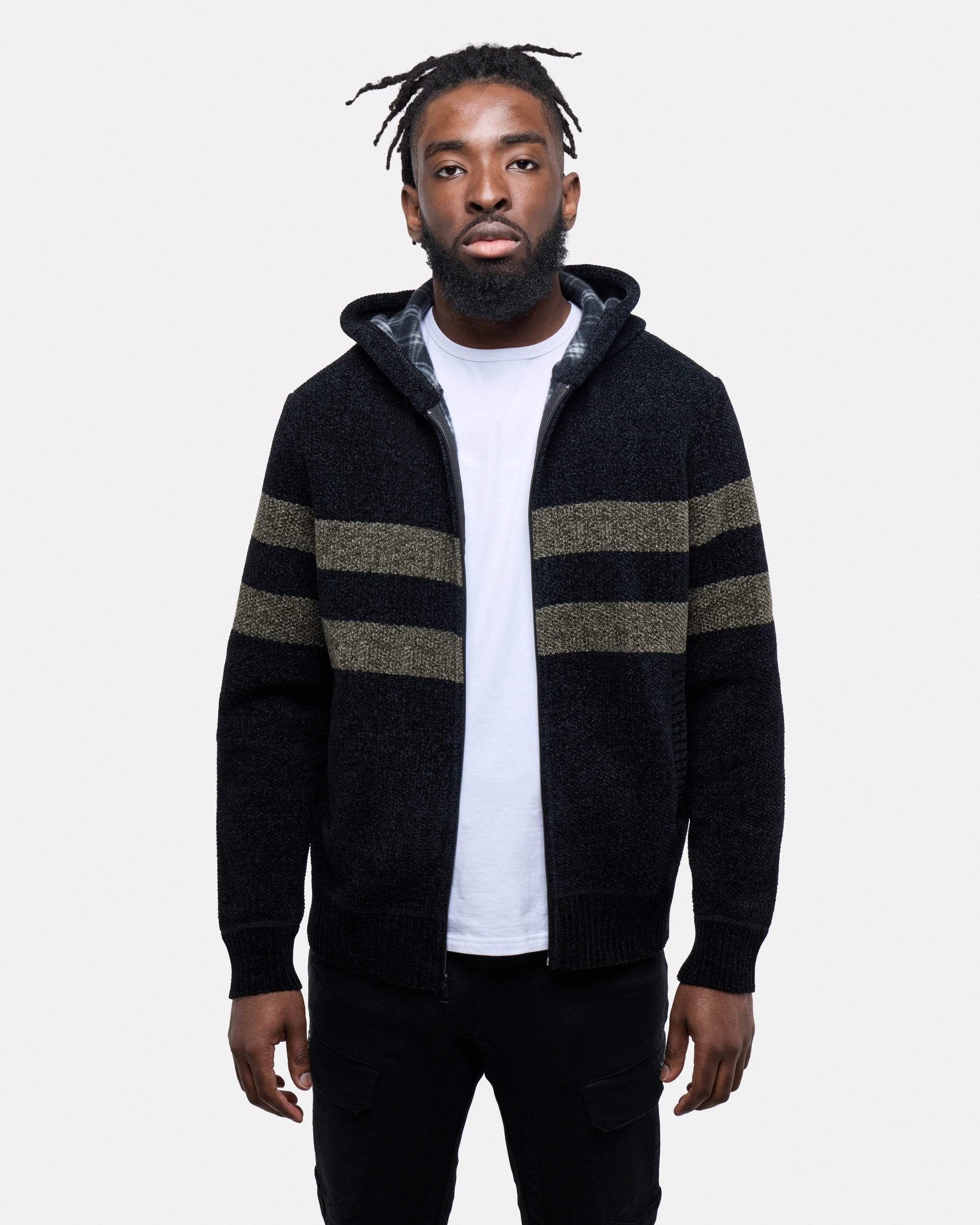 #CMW-34095 Full Zip Chest Stripe Hoodie Sweater