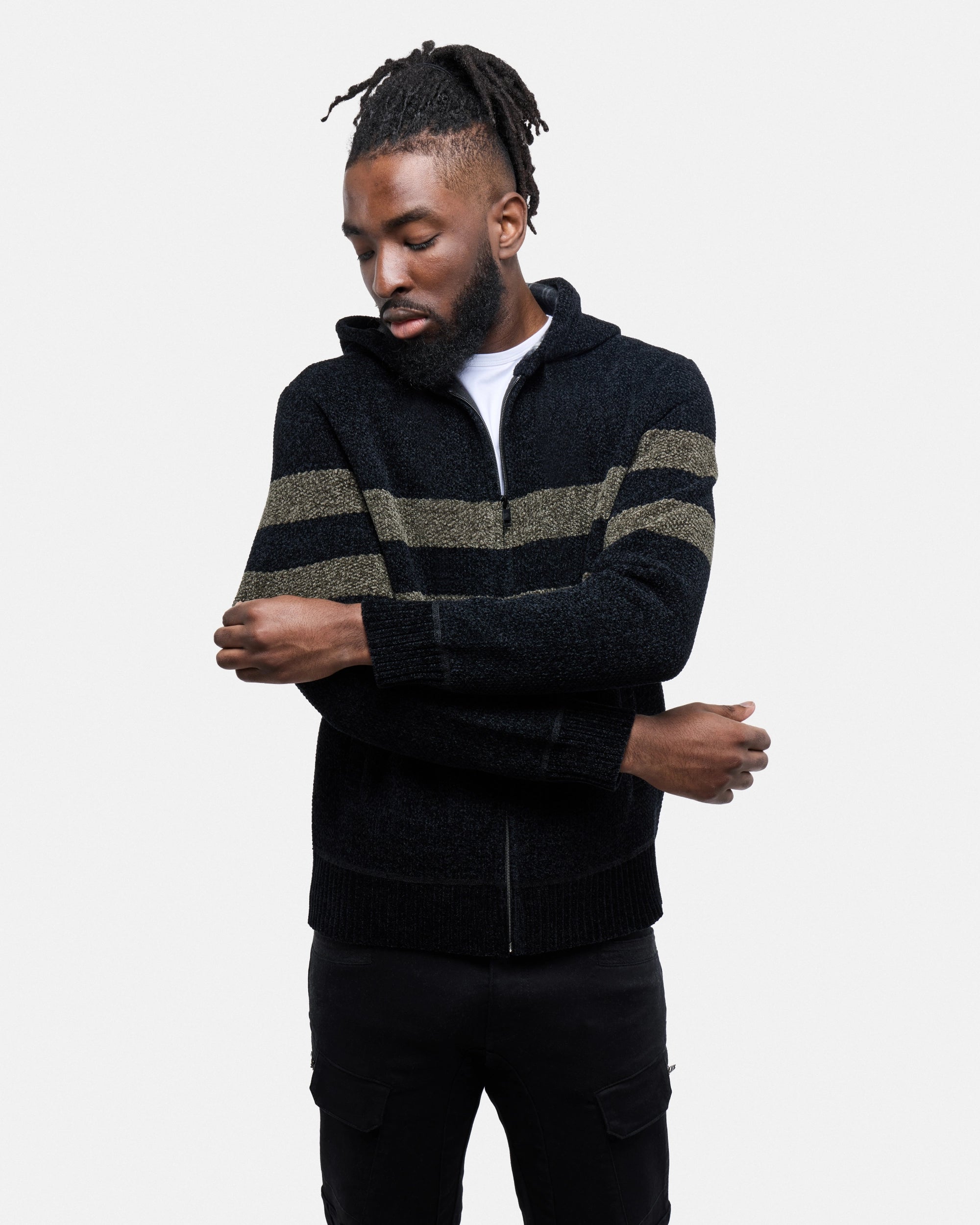 #CMW-34095 Full Zip Chest Stripe Hoodie Sweater-thumbmail-3
