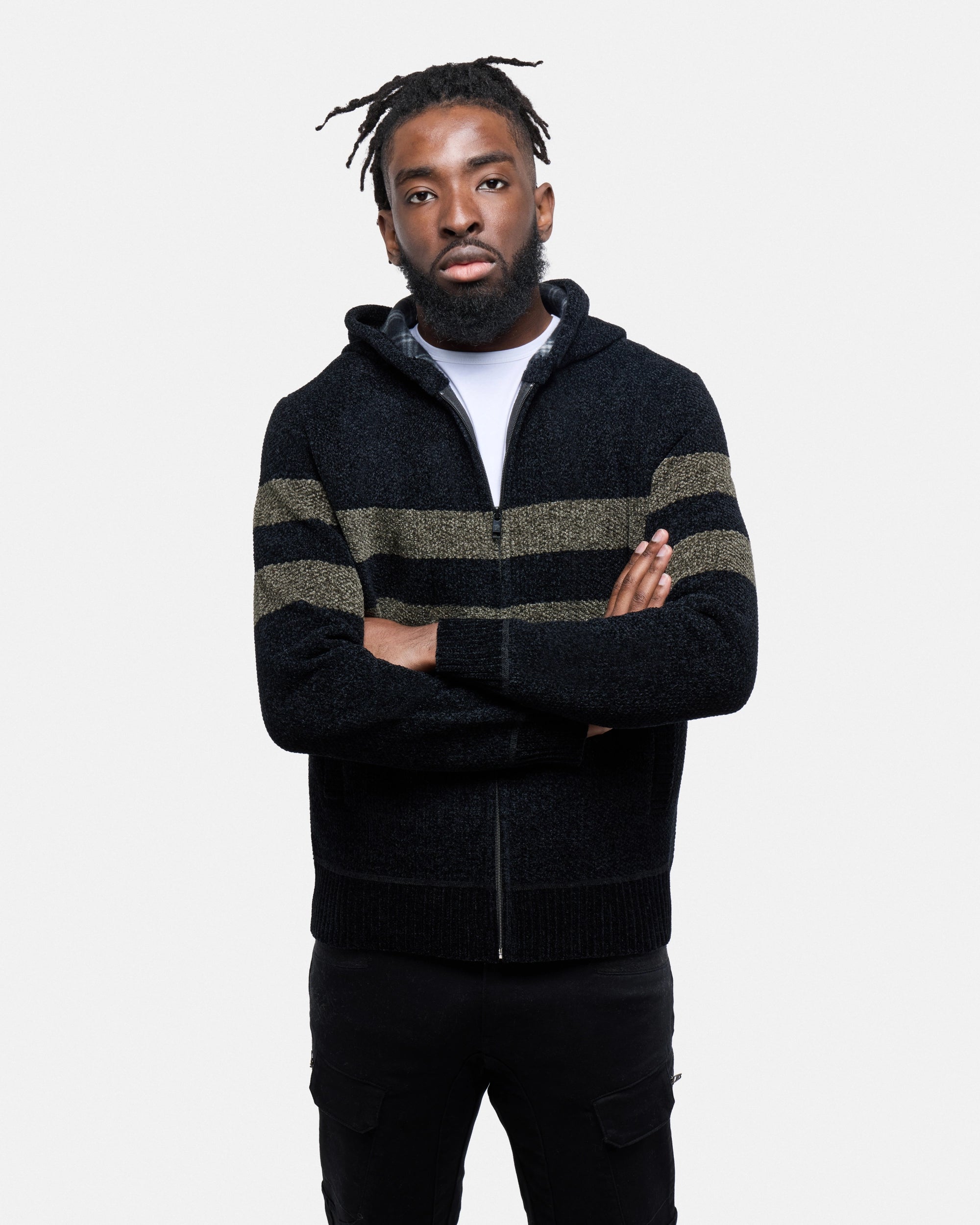 #CMW-34095 Full Zip Chest Stripe Hoodie Sweater-thumbmail-4