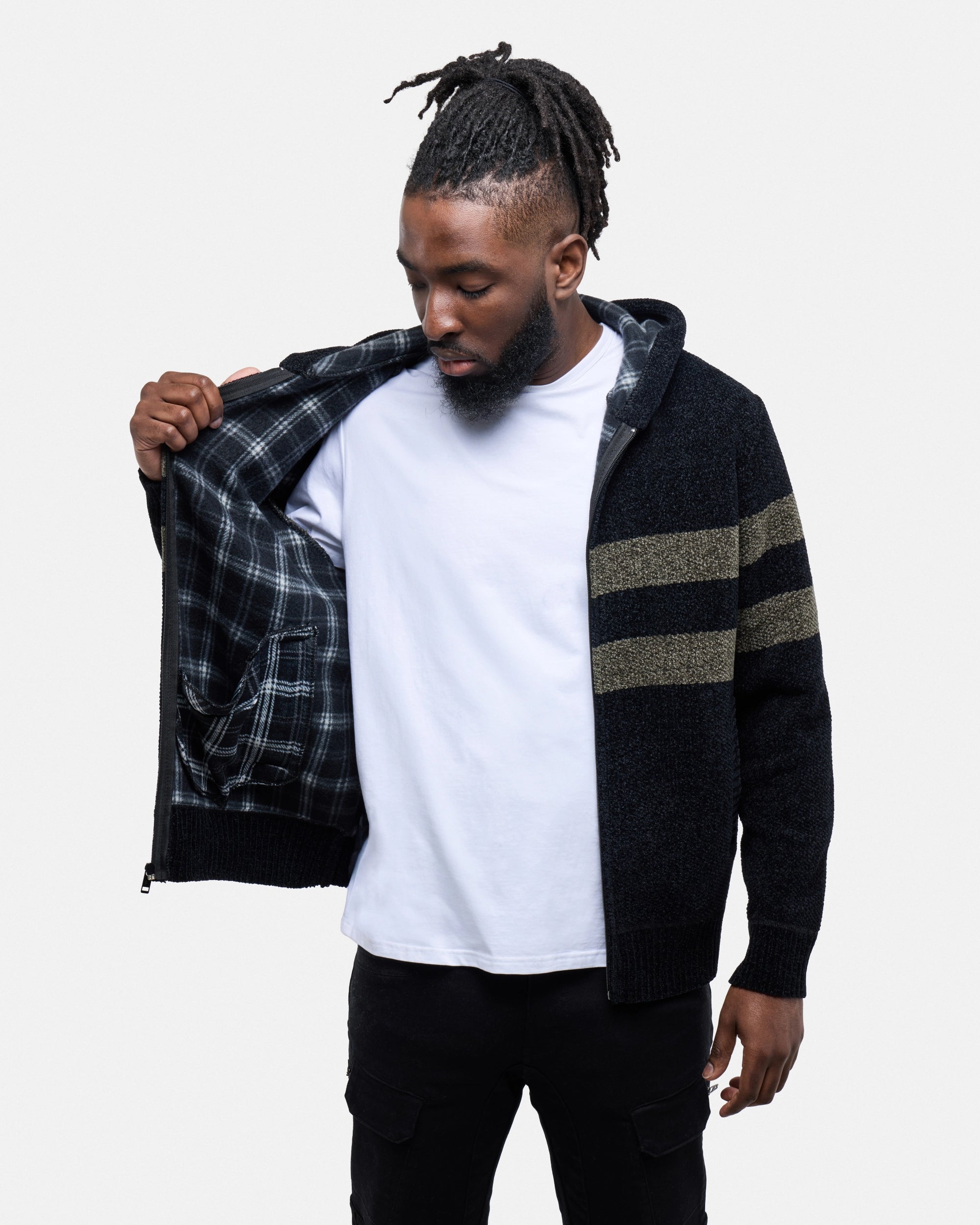 #CMW-34095 Full Zip Chest Stripe Hoodie Sweater-thumbmail-5