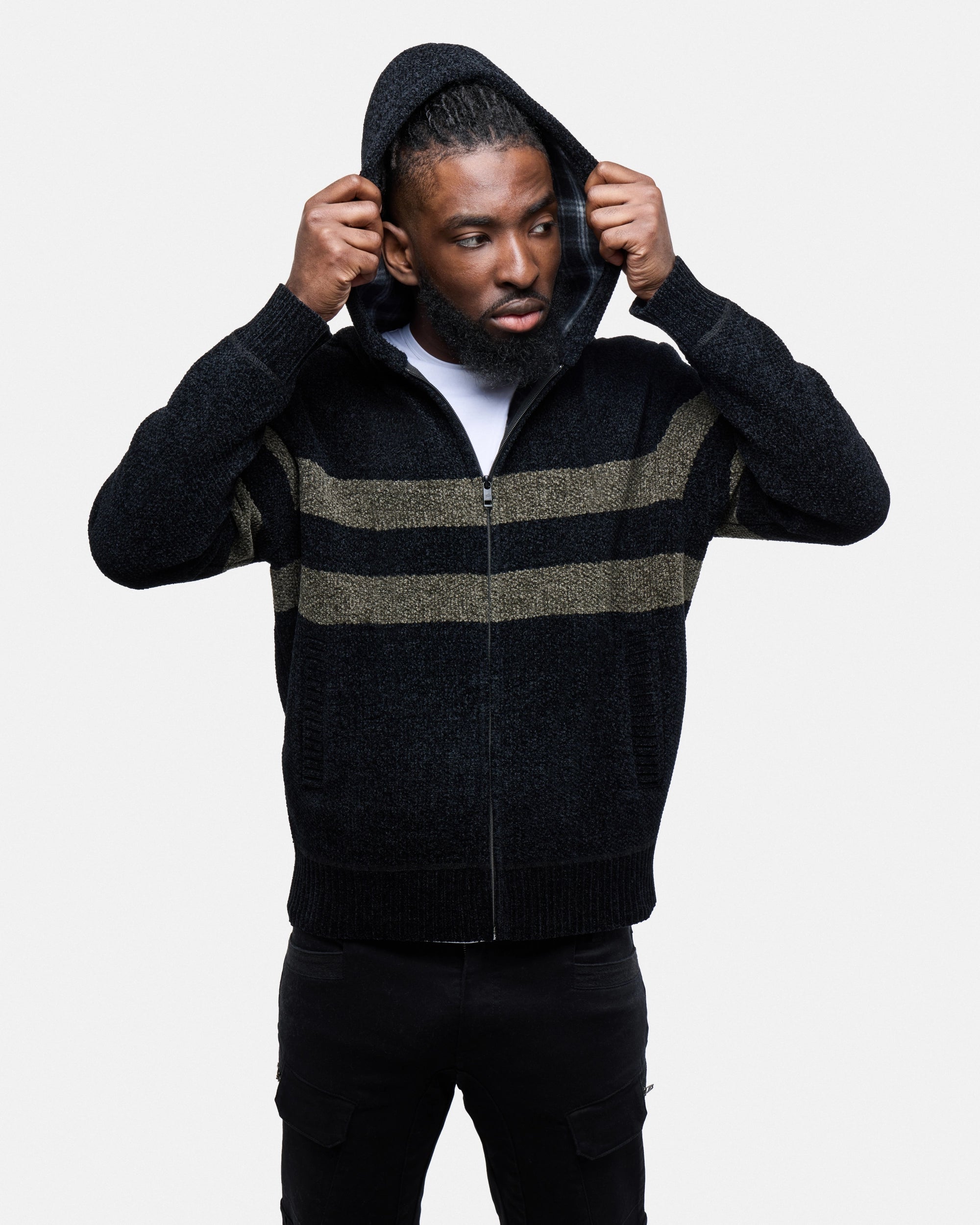 #CMW-34095 Full Zip Chest Stripe Hoodie Sweater-thumbmail-6