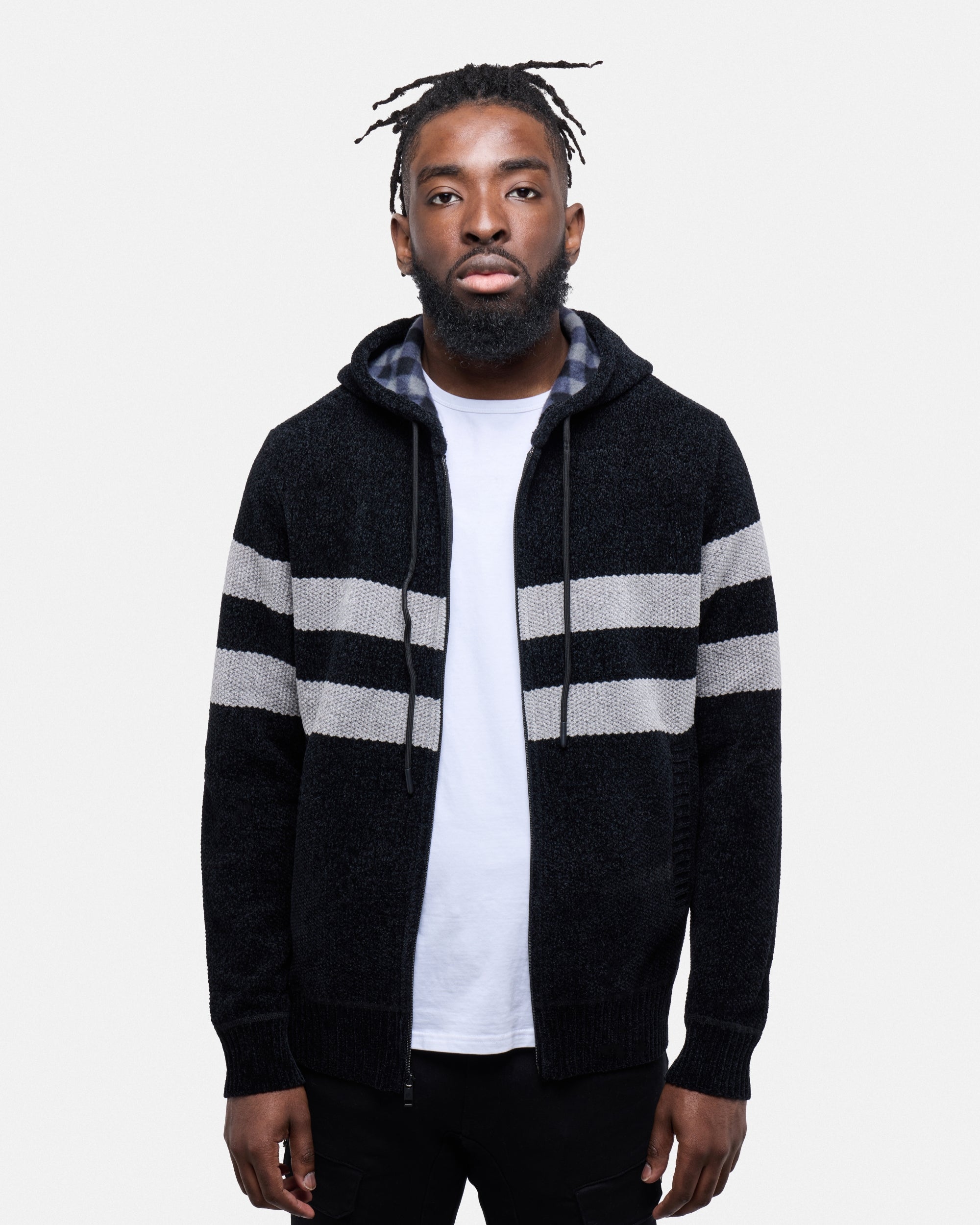 #CMW-34095 Full Zip Chest Stripe Hoodie Sweater