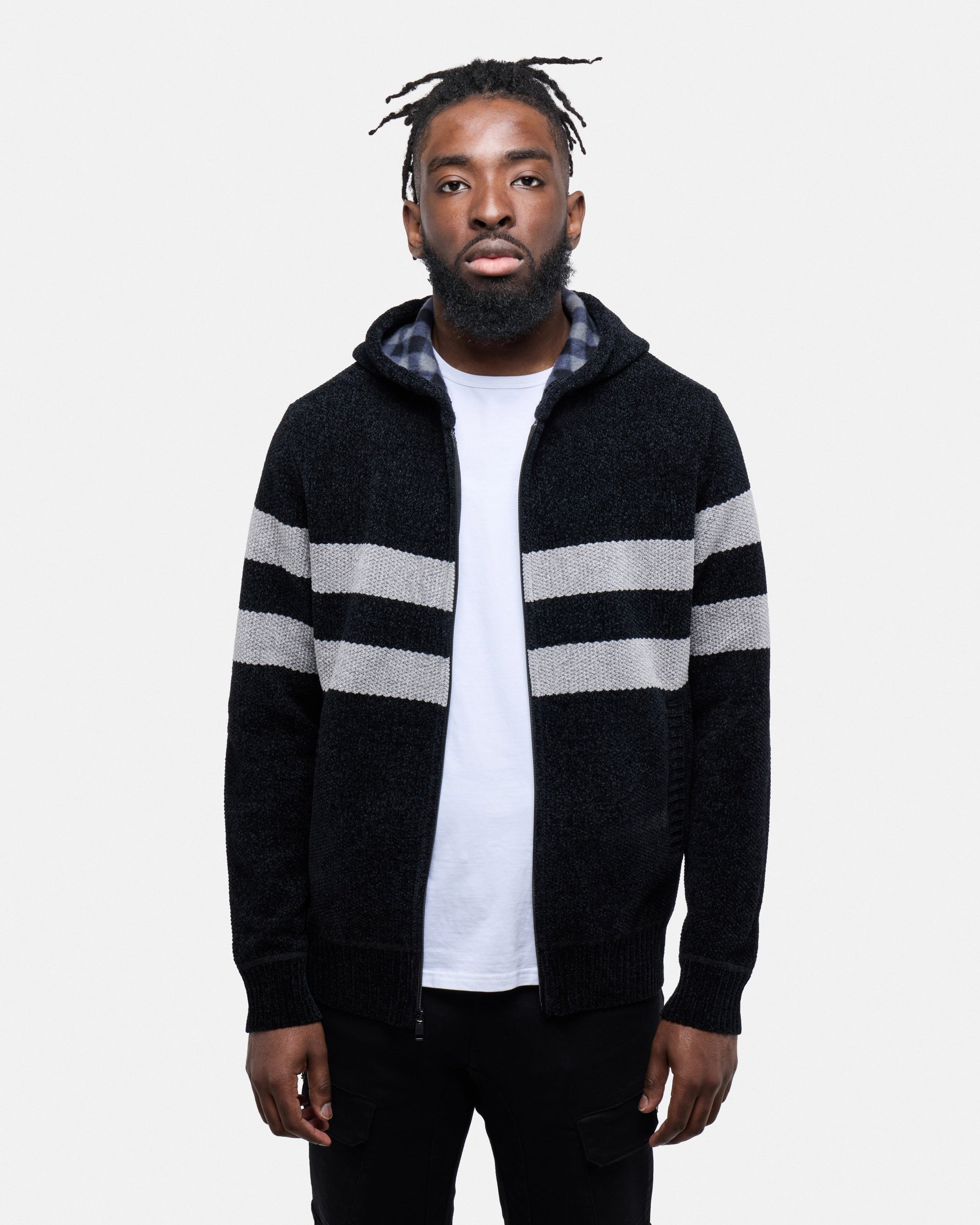 #CMW-34095 Full Zip Chest Stripe Hoodie Sweater-thumbmail-8