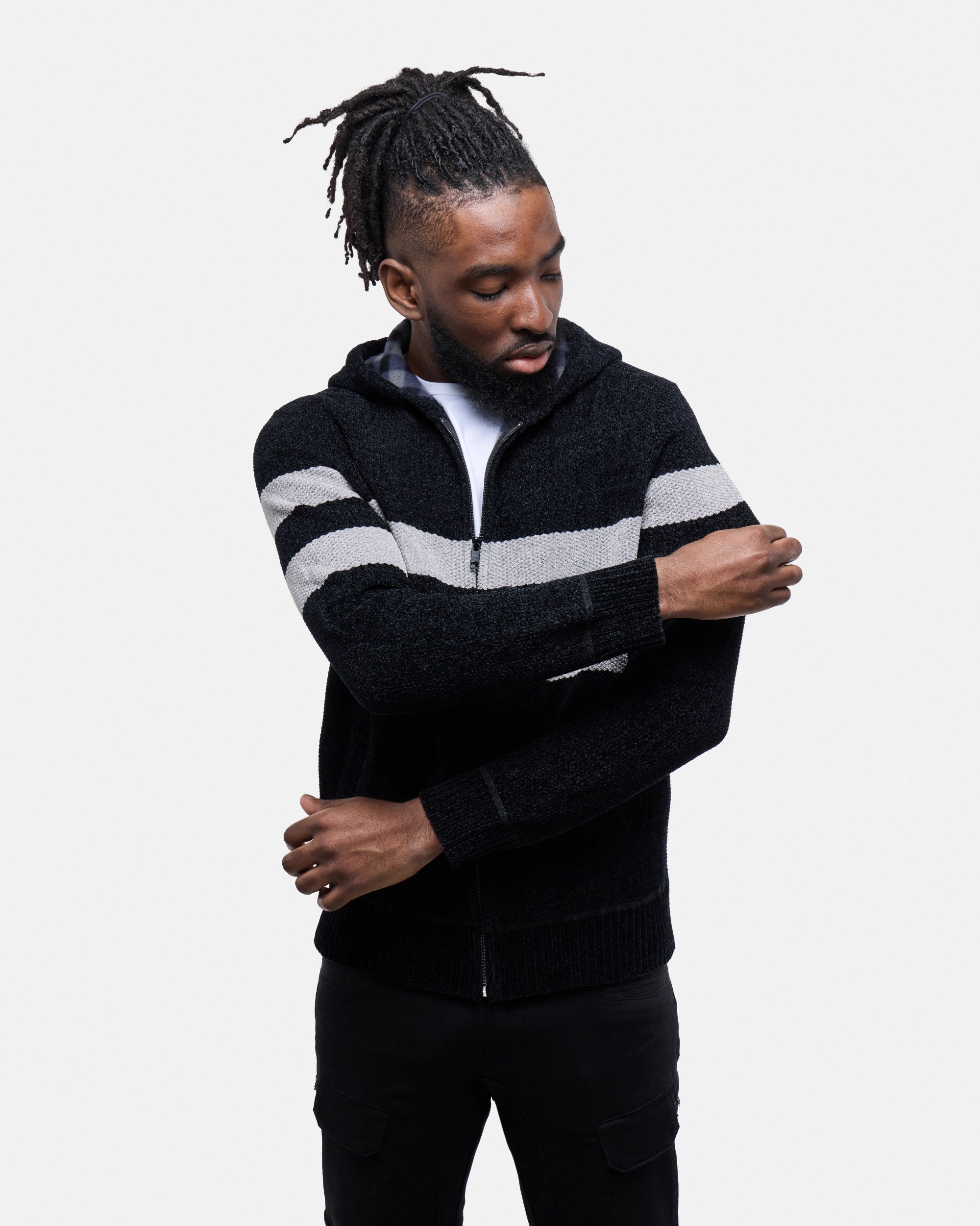 #CMW-34095 Full Zip Chest Stripe Hoodie Sweater-thumbmail-10