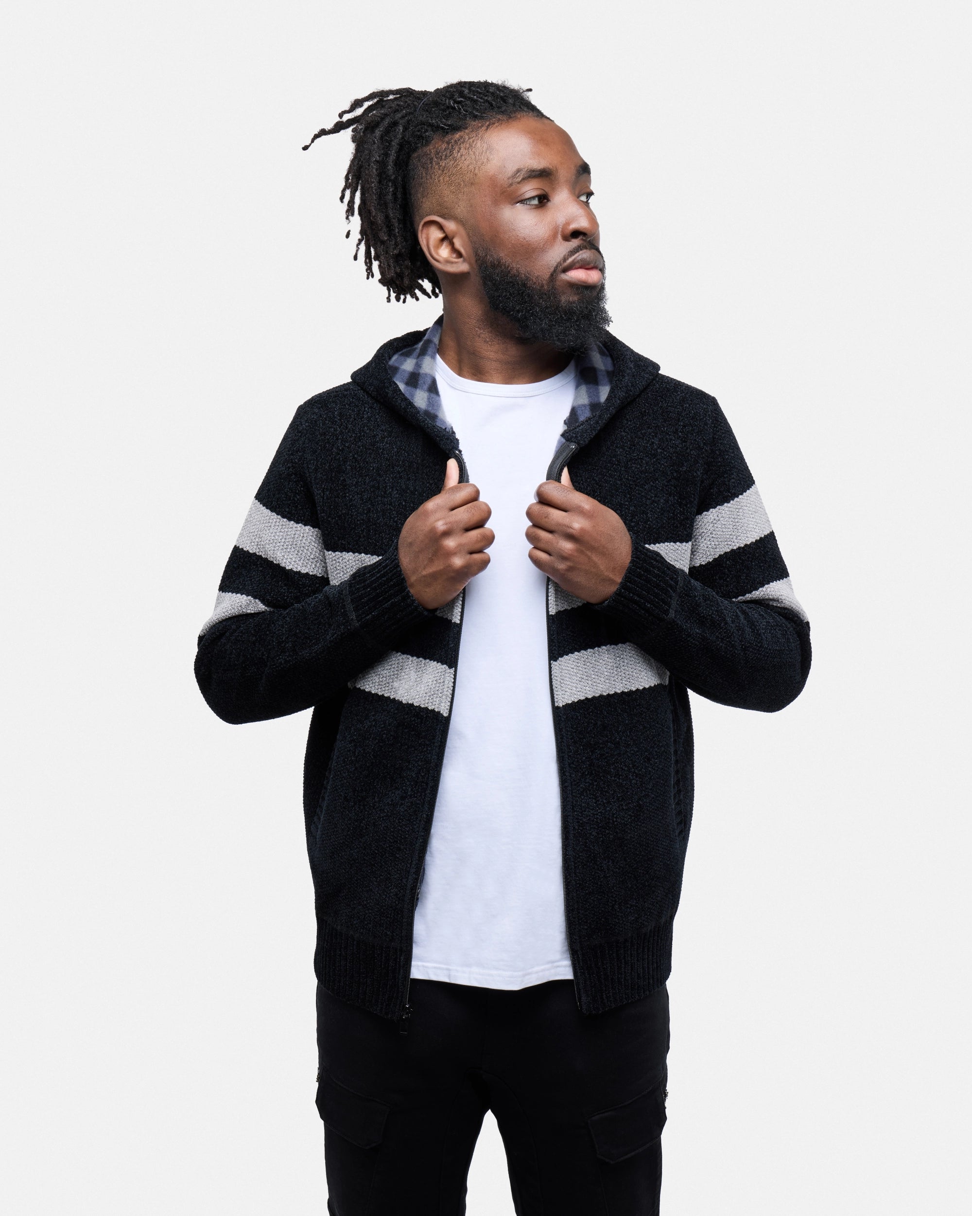 #CMW-34095 Full Zip Chest Stripe Hoodie Sweater-thumbmail-11