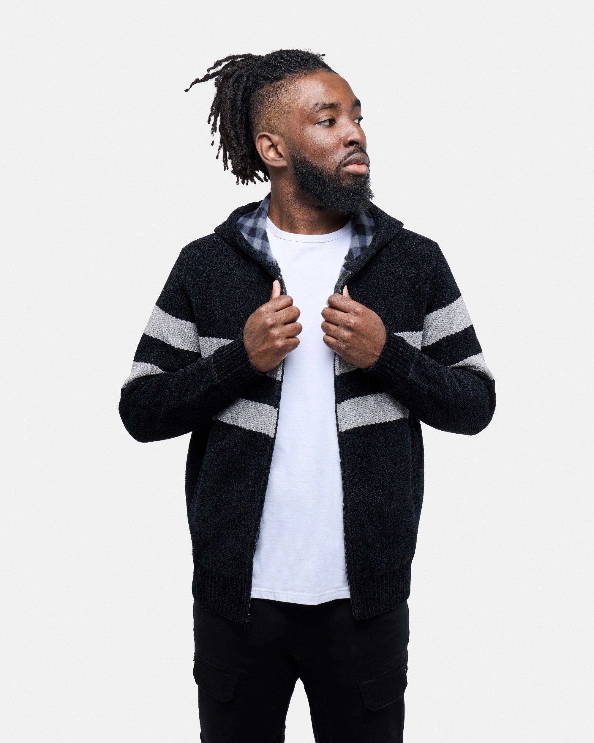 #CMW-34095 Full Zip Chest Stripe Hoodie Sweater-thumbmail-13