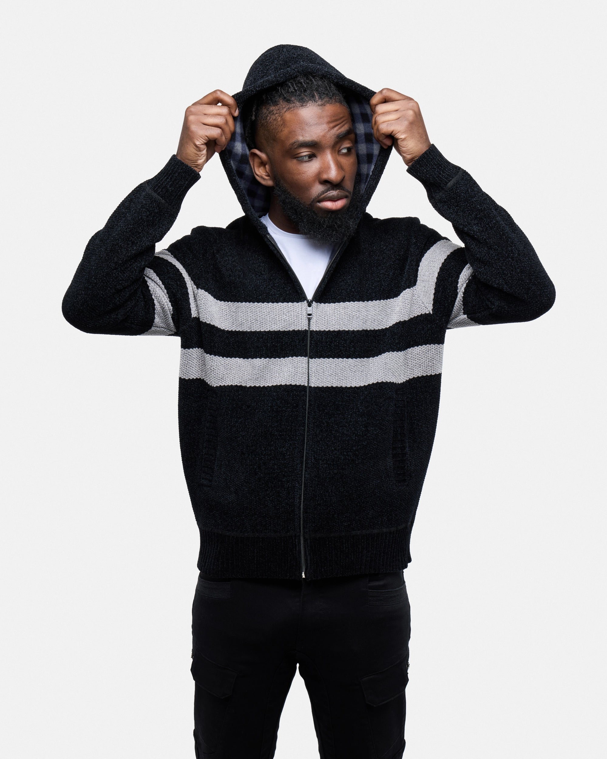 #CMW-34095 Full Zip Chest Stripe Hoodie Sweater-thumbmail-13